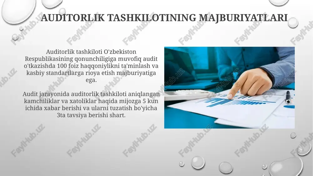 itorlik faoliyati toʻgʻrisida”gi qonuni (2000-yil 26-may) auditorlik faoliyatining huquqiy asoslarini belgilaydi va uni tartibga soladi. vazirlar mahkamasining 2000-yil 22-sentabrdagi 365-son qarori auditorlik tekshiruvlari oʻtkazish tartibini, shuningdek, auditorlar attestatsiyasi qoidalarini tasdiqlaydi. auditorlik xulosasining shakli va mazmuni auditorlik xulosasida auditorlik tekshiruvi hajmi, qo'llanilgan standartlar va muhim cheklovlar 3-bandda aniq ko'rsatilishi shart, bu xulosaning ishonchliligini ta'minlaydi. xulosaning mazmuni moliyaviy hisobotlarning 2024-yilgi holati to'g'risida auditorning 4-darajali professional fikrini aniq ifodalashi, bu xolis baholashdir. auditorlik tekshiruvini o'tkazish tartibi audit tekshiruvi uch bosqichda amalga oshiriladi: tayyorgarlik, asosiy tekshiruv va yakuniy bosqich. har bir bosqichda audit rejasiga muvofiq alohida protseduralar bajariladi. tekshiruv jarayonida auditor 'auditorlik faoliyati to'g'risida'gi qonunning 17-moddasiga asosan, mijozning moliyaviy hisobotlarini tekshirish huquqiga ega bo'ladi. e'tiboringiz uchun rahmat image4.png image3.png image5.jpg image6.jpg image7.jpg image8.jpg image9.jpg image10.jpg image11.jpg image12.jpg image13.jpg image14.jpg image15.jpg image16.jpg image17.jpg image18.jpg image19.jpg image20.jpg image21.jpg image1.png