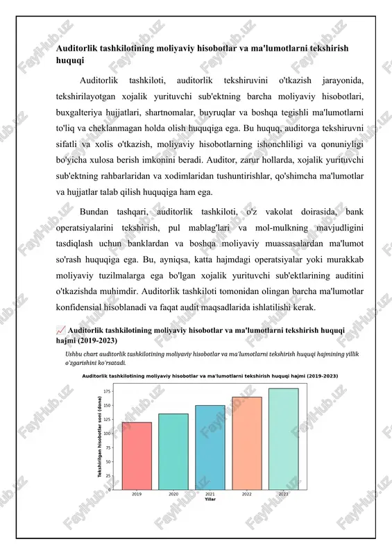 ng xodimi ma'lumot olish professional etika xulosa uchun javobgarlik saqlash buyurtmachi ma'lumot olish to'lovni amalga oshirish hamkorlik saqlash (kamroq) auditorlik xulosasi uchun javobgarlik auditorlik tashkiloti taqdim etgan auditorlik xulosasi uchun qonuniy javobgardir. agar auditorlik xulosasida noto'g'ri yoki chalg'ituvchi ma'lumotlar mavjud bo'lsa, auditorlik tashkiloti tekshirilayotgan xojalik yurituvchi sub'ektga va uchinchi shaxslarga yetkazilgan zararni qoplashga majbur bo'lishi mumkin. javobgarlik darajasi, noto'g'ri ma'lumotlarning ahamiyatiga va yetkazilgan zararning miqdoriga bog'liq bo'ladi. auditorlik tashkiloti javobgarlikni sug'urta qilish orqali o'zini himoya qilishi mumkin. professional javobgarlik sug'urtasi, auditorlik xulosasi tufayli yetkazilgan zararni qoplashga yordam beradi. sug'urta polisi, auditorlik tashkilotining professional faoliyati natijasida yuzaga kelishi mumkin bo'lgan moliyaviy xavflarni kamaytirishga imkon beradi. masalan, noto'g'ri tekshiruv natijasida yirik kompaniyaga katta moliyaviy zarar yetkazilsa, sug'urta qoplamasi kompaniyaning xarajatlarini qoplashga yordam berishi mumkin. auditorlik faoliyatini nazorat qilish va tartibga solish o'zbekiston respublikasida auditorlik faoliyati o'zbekiston respublikasi moliya vazirligi va boshqa vakolatli davlat organlari tomonidan nazorat qilinadi va tartibga solinadi. nazorat jarayonida …