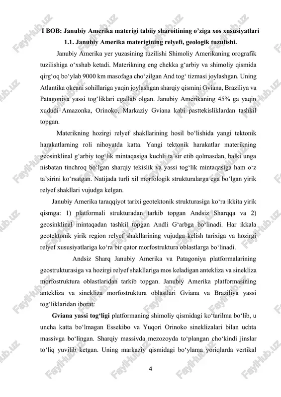 ubiy qanoti amazoniya sineklizasi bilan tutashgan. markaziy massivda to‘g‘ri chiziqli tektonik yoriqlar va vertikal harakatlar qalqonning shimoliy qanotini keskin tik ko‘tarilishiga va janubiy qanotini qiya bo‘lishiga ta’sir etgan. ko‘tarilgan joylarida bo‘r davrining qizil rangli qumtoshlari, konglomeratlari yaxshi saqlangan. bu qatlamni intruziv jinslar yorib o‘tgan. braziliya yassi tog‘ligi. janubiy amerika platformasining eng yirik ko‘tarilmalaridan biri bo‘lgan braziliya yassi tog‘ligi geostruktura jihatdan bir qator antekliza va sineklizalardan tarkib topgan. bu morfostruktura oblastining relyefini shakllanishida xuddi gviana yassi tog‘ligidagiga o‘xshash, uzoq davom etgan yemirilish, peneplenizatsiya, yotqiziq jinslarni yuvib ketish, yangi ko‘tarilishlar kabi jarayonlar asosiy rol o‘ynagan. bundan tashqari braziliya yassi tog‘ligining relyefini shakllanishida tektonik yoriqlar, ichki cho‘kmalarni dengiz, vulqonik va parchalangan materiallar bilan to‘lish jarayoni ham ishtirok etgan. parchalangan jinslarni yuvilib ketishi ko‘pincha yassi tog‘likning ancha ko‘tarilgan va nam bo‘lgan shimoliy hamda sharqiy rayonlari uchun, materiallarni to‘planishi esa markaziy cho‘kma rayonlari uchun harakterli. braziliya yassi tog‘ligining atlantika okeani tomon qaragan sharqiy va janubi-sharqiy …