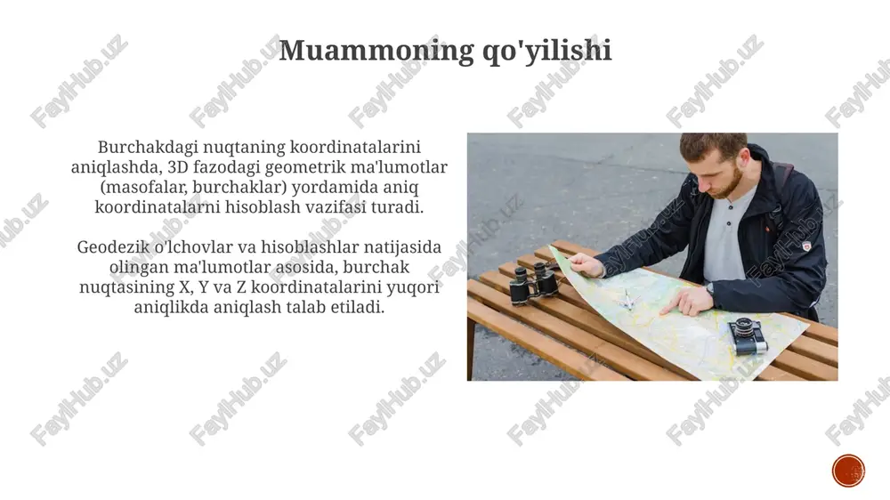 gini ta'minlash va inshootning barqarorligini kafolatlash uchun zarur. dasturiy ta'minotdan foydalanish dasturiy ta'minotlar, masalan, autocad yoki civil 3d, koordinatalarni aniqlashda aniq o'lchashlarni amalga oshirish va nuqtalarni vizual tarzda tasvirlash imkonini beradi, xatoliklarni kamaytiradi. geodezik dasturiy ta'minotlarda gps ma'lumotlari, total stansiya o'lchovlari va boshqa geodezik ma'lumotlarni import qilish mumkin, bu esa koordinatalarni hisoblash va tahlil qilishni soddalashtiradi. natijalar va xulosalar aniqlik baholash shuni ko'rsatadiki, uchburchaklash usuli bilan hisoblangan koordinatalarning o'rtacha kvadratik xatosi 0.05 metrdan oshmaydi, bu esa qurilish ishlarida talab qilinadigan aniqlikka mos keladi. natijalar shuni tasdiqlaydiki, poligonometrik usul nuqtalarning koordinatalarini aniqlashda yuqori aniqlikni ta'minlaydi, bunda joylardagi o'lchashlarning o'rtacha nisbiy xatosi 1:10000 dan kam bo'lishi kerak. adabiyotlar adabiyotlar geodezik asboblarning aniqligi va ulardan foydalanish usullari haqida ma'lumot beradi, masalan, teodolitning burchak o'lchashdagi o'rtacha kvadratik xatoligi (mβ) 5''-10'' bo'lishi mumkin. geodezik hisoblashlarga oid adabiyotlar, jumladan koordinatalarni aniqlash algoritmlari va xatoliklarni baholash usullari, gauss-kryuger proyektsiyasi kabi kartografik proyektsiyalarni chuqur o'rganishni ta'minlaydi. e'tiboringiz uchun …