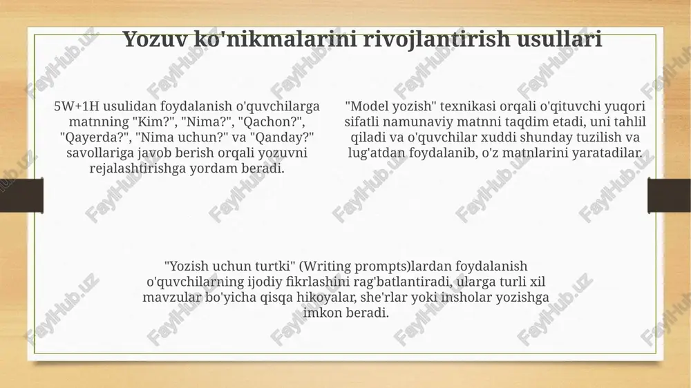 3 ta asosiy tamoyilga ega: namoyish, harakatlanish va jalb qilish; bu barcha o'quvchilar uchun imkoniyatlarni kengaytiradi. texnologiyalarning imkoniyatlari nutqni aniqlash dasturlari (masalan, google docs ovozli terish) yozuv ko'nikmalarini rivojlantirish uchun alternativ yechim bo'lib, so'zlashuv nutqini matnga aylantiradi. interaktiv doskalar va proyektorlar darslarni vizual tarzda boyitib, 2d va 3d modellari orqali materiallarni tushuntirish imkonini beradi. onlayn lug'atlar va tarjimonlar yozuv vazifalarida so'z boyligini oshirishga yordam beradi, real vaqtda sinonimlar hamda iboralarni taklif etadi. muammolar, yechimlar va kelajak istiqbollari o'quvchilarning nutqida 2-til ta'siri muammosi uchun, dialogik o'qitish usullari orqali lingvistik interferensiyani kamaytirish, kelajakda esa adaptiv dasturlar orqali shaxsiy yondashuvni kuchaytirish mumkin. yozuvdagi imlo xatolarini kamaytirish uchun, 1-sinfdan boshlab fonetik tahlil o'rgatish va texnologiyaga asoslangan interaktiv mashqlarni qo'llash, kelajakda esa ai yordamida xatolarni tuzatish mumkin. kam motivatsiya muammosini hal qilish uchun, 3-4-sinflarda o'yinli metodlar va loyihalarga asoslangan ta'limni qo'llash, kelajakda esa ar/vr texnologiyalari orqali immersiv muhit yaratish lozim. e'tiboringiz uchun rahmat image3.png image4.png