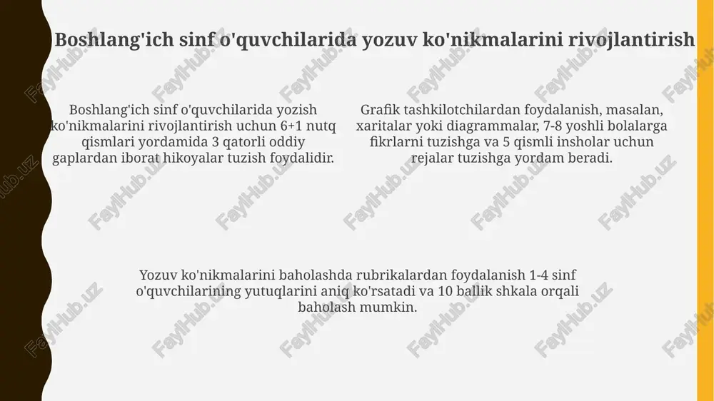 ordam beradi. turli xil ko'rgazmali qurollar, masalan, alifbo kartalari va nutq kublari, o'quvchilarga so'zlashuv qobiliyatini rivojlantirishga yordam beradi va har bir sinfda kamida 20 ta bo'lishi kerak. boshlang'ich sinf o'quvchilari uchun mo'ljallangan rangli kitoblar, ish daftarlari va rasmli lug'atlar kabi bosma materiallar 30 dan ortiq so'z boyligini o'rgatishga yordam beradi. dastur va o'quv rejalari o'quv rejalari mavzularni (masalan, oila, tabiat, maktab) yozma va og'zaki topshiriqlar orqali integratsiyalashgan holda o'qitishni nazarda tutadi, har bir mavzuga 3-4 soat ajratiladi. o'quv dasturlari 1-4-sinflarda yozuv va nutqni bosqichma-bosqich rivojlantirishga qaratilgan bo'lib, har bir sinf uchun aniq maqsadlar (masalan, 1-sinfda 50 ta so'zni yozish) belgilangan. dasturlar grammatika, imlo, lug'at boyligini oshirish, nutq madaniyati (talaffuz, ohang) elementlarini o'z ichiga oladi va ularning hajmi har bir sinf uchun 20% ga oshib boradi. xulosa va kelajak istiqbollari kelajakda yozuv ko'nikmalarini rivojlantirish uchun sun'iy intellektga asoslangan 2.0 avlod yordamchilari o'quvchilarga real vaqt rejimida 95% aniqlikdagi fikr bildirish imkoniyatini beradi. …