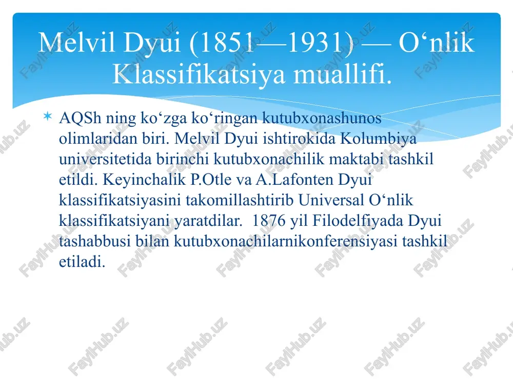 bo‘yicha ensiklopediya umumiy aniqlagichlar qavsda yoziladi. aniqlagichlar yordamida turli xil hujjatlarni, adabiy yoki grafik materiallarini, vaqtli va davomli nashrlarni gruppalash mumkin. forma aniqlagichlari 512 (075) ingliz tilidan o‘quv qo‘llanma 52 (091) institut astronomiyasi 53 (063) fizikadan s’ezd materiallari 54 (054) ximiyadan jurnal maqolalari 54 (05) ximiya jurnali = 20 ingliz tili = 30 nemis tili 58 botanika 58=20 ingliz tilida botanika 58 (031) botanikadan spravochnik 58(031)=20 ingliz tilida botanika spravochnigi =00 bir necha tillarda belgisini anglatadi 53 (031)=00=20=30 fizikadan spravochnik ingliz va nemis tillarida =82 rus tilidagi materiallar =089.2 esperanto til aniqlagichi belgi « = » (tenglik) talaffuzi tenglik (03) ensiklopediyalar (04) broshyura, disk (05) jurnal, gazeta, kalendar (07) matematika dlya prepodavaniya uchebno‘x posobiy (084) grafik va tasviriy san’at materiallari forma shakl aniqlagichi belgisi (0) (100) dunyo (4/9) dunyo mamlakatlari (4) yevropa (5) osiyo (6) afrika (9) avtraliya, okeaniya 621.311(410) buyuk britaniya elektrostantsiyalari 382(44:100) frantsiya va boshqa mamlakatlarning savdo aloqalari …