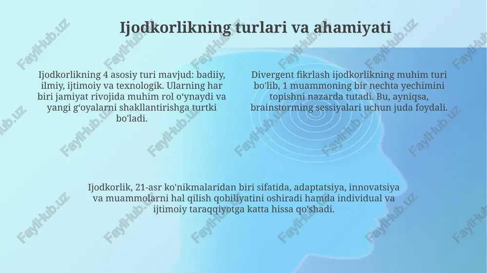 iy ishlarini 1 dan 10 gacha baholashadi va kamida uchta yaxshilanish kerak bo'lgan sohani ko'rsatadi. ijodiy yozuvlarda, hikoya mazmuni 70% va tilning boyligi 30% baholanishi mumkin. og'zaki topshiriqlarda, talaffuz 40%, g'oyalar ravshanligi 60% bo'lishi kerak. muvaffaqiyatli misollar va amaliy tajriba 3-sinfda "xarakter yaratish" o'yinida o'quvchilar o'z xarakterlarini yaratib, ular haqida hikoyalar to'qidilar, bu ularning xayoliy dunyoqarashini 35% ga rivojlantirdi. 4-sinfda "sehrli sarguzasht" loyihasida o'quvchilar o'zlari yaratgan qahramonlar bilan hikoyalar yozishdi, bu esa ularning ijodiy yozuv mahoratini 30% ga oshirdi. 2-sinfda "qofiyali she'rlar" mashg'ulotida o'quvchilar turli xil qofiyalardan foydalanib, she'rlar yaratdilar, natijada ularning so'z boyligi 25% ga ko'paydi. xulosa: tavsiyalar, qiyinchiliklar, yechimlar va kelajak istiqbollari tavsiyalar: har bir darsda kamida 2 ta ijodiy mashqni kiritish, o'quvchilarga 5-10 daqiqa vaqt ajratish va ularning fikrlarini hurmat qilish orqali ijodkorlikni oshiring. qiyinchiliklar: o'quvchilarning 30%ida ijodiy fikrlash qobiliyati sustligi, dars vaqtining cheklanganligi sababli, mashqlarni qisqartirishga to'g'ri kelishi mumkin. kelajak istiqbollari: 2025 yilga borib, sun'iy intellektga …