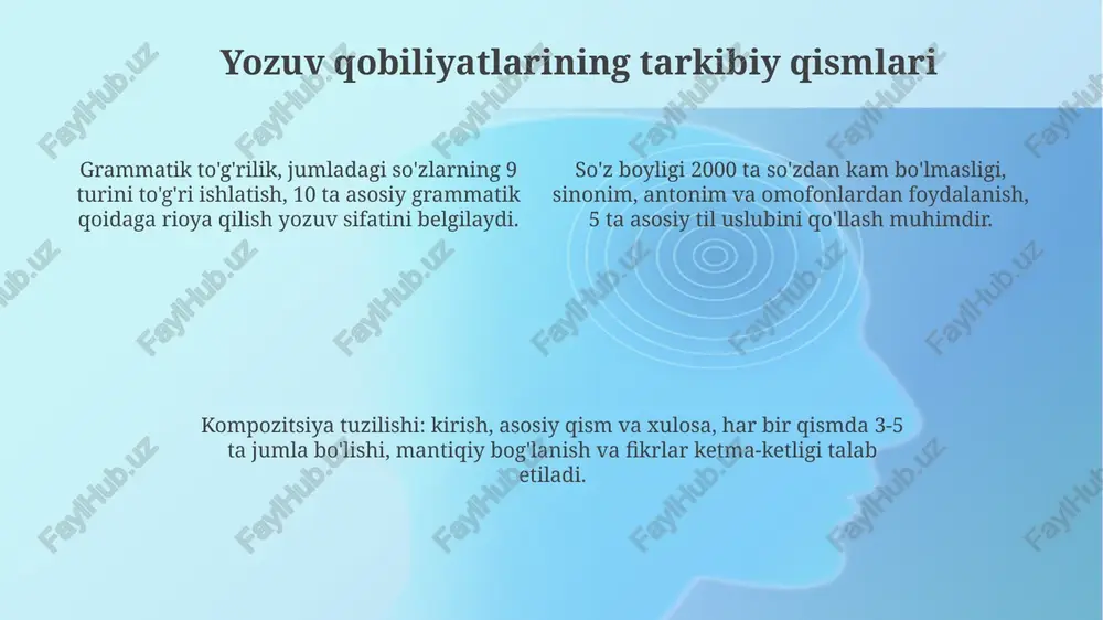 uchun 5 ballik shkala qo'llash kerak. o'quv dasturlarida yozuv ko'nikmalariga yetarli vaqt ajratilmasligi muammo. yechim sifatida, dars jadvalida 30 daqiqalik yozuv mashg'ulotlari kiritish maqsadga muvofiq. tadqiqotlar va ilmiy izlanishlar meta-tahlillar shuni tasdiqlaydiki, yozuv ko'nikmalarini baholashda formativ baholash summative baholashga nisbatan 15% ga yuqori natijalarni ko'rsatadi, ayniqsa 3-sinf o'quvchilari orasida. tadqiqotlar shuni ko'rsatadiki, 6 yoshdan 8 yoshgacha bo'lgan bolalarda yozuv ko'nikmalarini shakllantirishda fonologik xabardorlik muhim rol o'ynaydi, bu 0.7 korrelyatsiya koeffitsientiga ega. ilmiy izlanishlar natijalari shuni ko'rsatadiki, interaktiv yozuv usullari an'anaviy usullarga nisbatan 25% ga samaraliroq, ayniqsa 1-sinf o'quvchilari uchun. kelajakdagi tendensiyalar va istiqbollar kelajakda ai yordamida 1-4 sinf o'quvchilarining yozma ishlari avtomatik baholanib, individual o'quv dasturlari yaratishga yordam beradi, bunda 75% gacha aniqlikka erishiladi. virtual reallik texnologiyalari orqali 2025-yilga borib 3d muhitda interaktiv hikoyalar yaratish va yozish qobiliyatlarini rivojlantirish, bunda 2 barobar ko'proq qiziqish uyg'otiladi. blokcheyn texnologiyasi orqali o'quvchilarning yozma ishlaridan iborat raqamli portfoliolar yaratish, 5 yil ichida 90% dan …