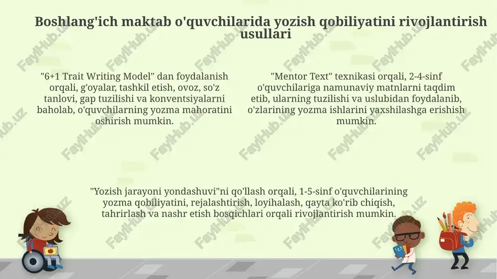 jratishi zarur. muammolar va yechimlar baholashda adolatlilik va xolislikni ta'minlashda, xususan, 20-30 nafar o'quvchi bo'lgan sinflarda, aniq baholash mezonlari va 4 ballik reyting tizimidan foydalanish lozim. boshlang'ich sinflarda yozuv malakalarini rivojlantirishda lug'at boyligining cheklanganligi muammo bo'lishi mumkin, uni interaktiv o'yinlar va 10-15 daqiqalik so'z o'rgatish mashqlari orqali hal qilish mumkin. o'quvchilarning nutqiy qobiliyatini rivojlantirishda uyatchanlik va o'ziga ishonchsizlik muammo bo'lib, rolli o'yinlar va 3-5 daqiqalik qisqa taqdimotlar orqali hal qilinadi. tadqiqotlar, ilg'or tajribalar va kelajakdagi tendensiyalar so'nggi tadqiqotlar 21-asr ko'nikmalarini rivojlantirish uchun loyihaga asoslangan o'qitishning yozma va og'zaki kompetentsiyalarga sezilarli ta'sirini ko'rsatdi. ilg'or tajribalar shuni ko'rsatadiki, 360 darajali baholash usuli nutqiy kompetentsiyalarni baholashda samarali bo'lib, o'z-o'zini baholash va tengdoshlar fikrini o'z ichiga oladi. kelajakdagi tendentsiyalar imo yordamida moslashtirilgan o'rganish tajribalarini yaratishga qaratiladi, bu har bir o'quvchining o'ziga xos ehtiyojlarini qondirish uchun 2025-yilgacha dolzarb bo'ladi. e'tiboringiz uchun rahmat image1.png