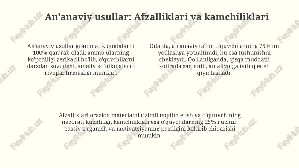 rejalari) kitobi har bir nutq qismini o‘rgatish uchun tayyor dars rejalarini taqdim etadi va vaqtni tejashga yordam beradi. 1-4-sinflar uchun mo‘ljallangan “nutq qismlari bo‘yicha interaktiv o‘yinlar to‘plami” onlayn resursi o‘quvchilarga qiziqarli mashqlar bilan amaliyot o‘tkazish imkonini beradi va baholashni avtomatlashtiradi. ota-onalarning ishtiroki: uyda qo'llab-quvvatlash ota-onalar farzandlari bilan suhbatlashganda, grammatik jihatdan to'g'ri gapirishga e'tibor berishlari va ularni xatolarini 3 marta to'g'rilashlari kerak. ota-onalar farzandlariga 10-15 daqiqa davomida har kuni kitob o'qib berishlari, bu ularning lug'at boyligini va gap tuzilishini tushunishini oshiradi. uyda nutq qismlariga oid qiziqarli o'yinlar o'ynash, masalan, '20 savol' o'yini orqali ot, sifat yoki fe'lni aniqlashga yordam berish mumkin. xulosa va tavsiyalar o'qituvchilar darslik materiallaridan tashqari, kamida 3 ta qo'shimcha manbadan foydalanishi, interaktiv o'yinlarni esa har darsning 10-15 daqiqasida qo'llash tavsiya etiladi. baholashda 5 ballik tizimdan tashqari, bolalarning yozma ishlariga 2-3 ta qisqa izoh berish, differensiallashda 3 ta darajali topshiriqlardan foydalanish kerak. ota-onalarni jalb qilish uchun har chorakda kamida …