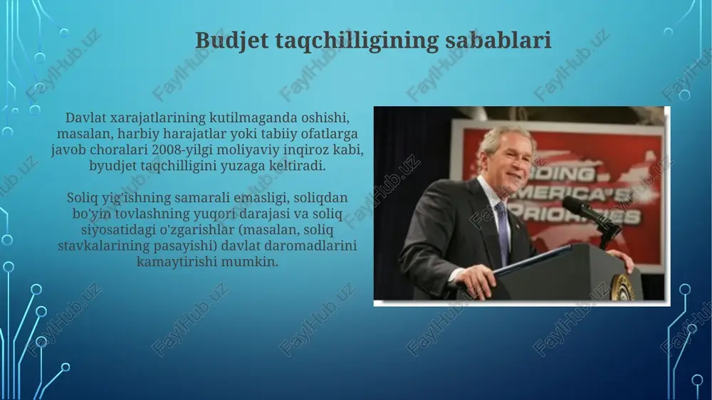 aqchilligi inflyatsiyani keltirib chiqarishi mumkin, bu esa markaziy banklarni inflyatsiya maqsadlarini bajarish uchun foiz stavkalarini oshirishga majbur qiladi, bu esa kreditlash xarajatlariga ta'sir qiladi. budjet taqchilligini boshqarish strategiyalari budjet taqchilligini boshqarishda fiskal qoidalarni joriy etish muhim, bu qarz olishni cheklash, xarajatlar o'sishini tartibga solish yoki muvozanatli byudjet maqsadlarini belgilashni o'z ichiga oladi. iqtisodiy o'sishni rag'batlantirish orqali soliq tushumlarini ko'paytirish byudjet taqchilligini kamaytirishi mumkin; bu soliq islohotlari va investitsiyalarni jalb etishni o'z ichiga oladi. e'tiboringiz uchun rahmat image3.jpg image4.jpg image5.jpg image6.jpg image7.jpg image8.jpg image9.jpg image10.jpg image11.jpg image2.png