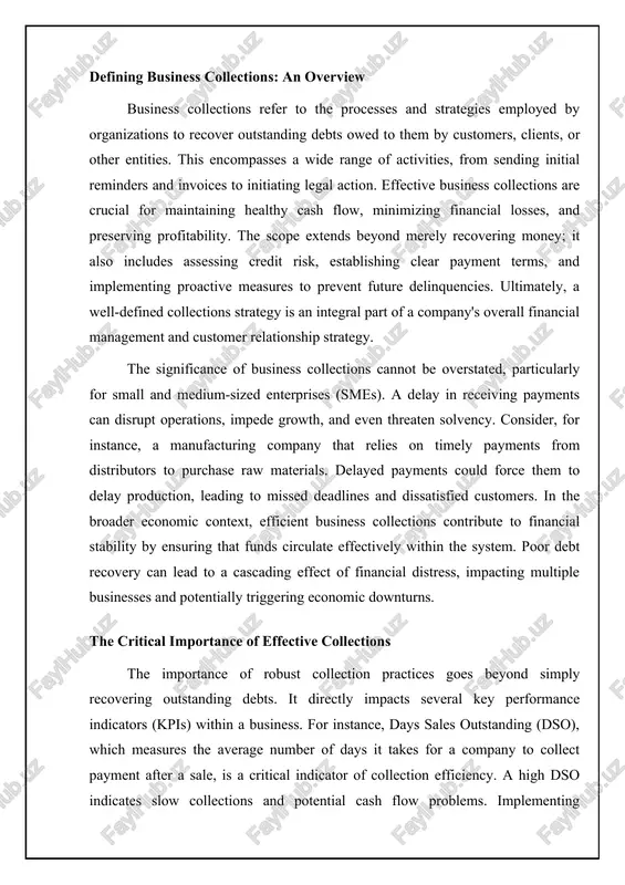 lving the outsourcing of debt recovery to specialized agencies or legal professionals. the choice of method depends on factors like the age and size of the debt, the customer's payment history, and the company's resources. another important distinction lies between proactive and reactive collection strategies. proactive measures aim to prevent delinquencies before they occur, such as conducting thorough credit checks on new customers and establishing clear payment terms. reactive measures, on the other hand, are implemented after a payment becomes overdue. examples include sending demand letters, initiating mediation, and ultimately pursuing litigation. a well-rounded collection strategy typically involves a combination of both proactive and reactive approaches. by taking steps to mitigate risk upfront and responding promptly to late payments, businesses can minimize losses and maintain healthy cash flow. furthermore, technological advancements have enabled the integration of ai and machine learning to optimize collection processes, predict payment behavior, and personalize communication …