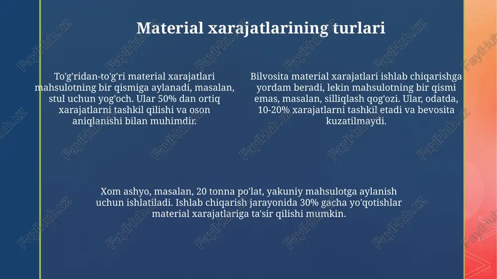 mehnat va ishlab chiqarish xarajatlariga ketadigan xarajatlarni qamrab oladi. ishlab chiqarish xarajatlari hisobotida materiallar va konversiya xarajatlari alohida ko'rsatiladi, bu esa boshqaruvga xarajatlarni nazorat qilish va 25% o'zgarishlarni aniqlash imkonini beradi. ajratish jarayoni materiallar va konversiya xarajatlarining har bir bosqichdagi umumiy xarajatlarga ta'sirini tahlil qilishga yordam beradi, masalan, 30% materiallar va 70% konversiya. buzilgan mahsulotlar va normativ yo'qotishlarni hisobga olish buzilgan mahsulotlarning qiymati qayta ishlashga yaroqliligiga qarab aniqlanadi, qayta ishlanmaydigan buzilgan mahsulotlar uchun esa yo'qotish sifatida hisobga olinadi. buzilgan mahsulotlar normativ yo'qotishlar bilan birgalikda ishlab chiqarish jarayonining ajralmas qismi bo'lib, ular uchun alohida hisob yuritiladi va xarajatlar hisobotida aks ettiriladi. normativ yo'qotishlar ishlab chiqarishning tabiiy natijasi sifatida qabul qilinadi va xarajatlar tarkibiga kiritiladi, buzilgan mahsulotlar esa alohida baholanib, hisobga olinishi shart. jarayon xarajatlari usulining afzalliklari jarayon xarajatlari usuli ko'p miqdordagi o'xshash mahsulotlar ishlab chiqarishda soddalashtirilgan xarajat hisobini ta'minlaydi, bu esa xarajatlarni monitoring qilishni osonlashtiradi va vaqtni tejaydi. jarayon usuli bilan …