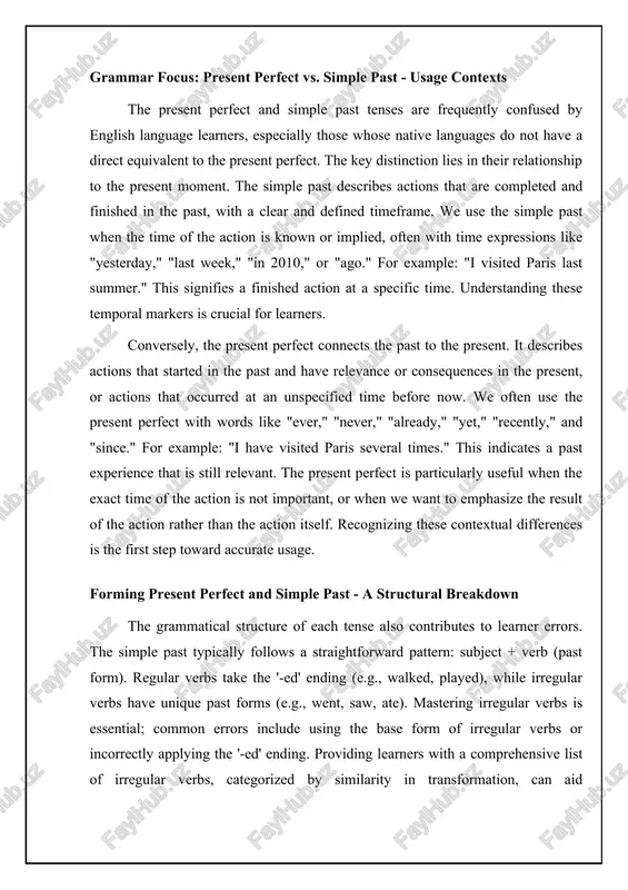 present perfect tense, particularly in distinguishing it from the simple past. many students expressed frustration with this grammatical point, indicating its perceived complexity and impact on their ability to accurately convey past experiences with present relevance. their goals include improved communication in professional settings, understanding news articles, and participating more confidently in social interactions, all of which require a solid grasp of the present perfect. furthermore, the analysis highlighted specific challenges stemming from first language interference. for instance, students from languages with a tense system that more closely maps onto the simple past often overgeneralize its usage in english. others, whose first languages lack a direct equivalent of the present perfect, struggle with the concept of connecting past actions to present states or results. addressing these individual needs is crucial for effective instruction. the course will therefore adopt a blended approach, incorporating explicit grammar explanations with communicative activities tailored to …