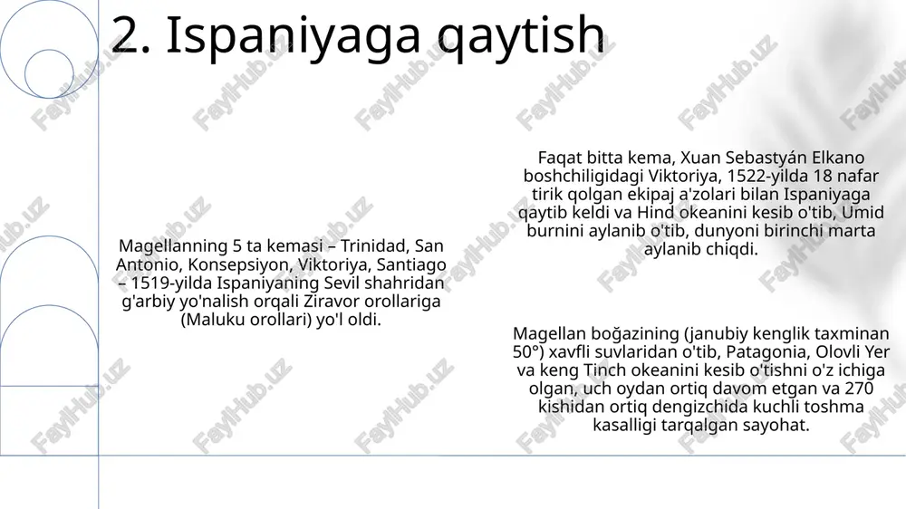 va mahalliy aholisi bilan duch kelgan. magellan boğazidan muvaffaqiyatli o'tish tinch okeaniga g'arb yo'lining mavjudligini isbotladi, yevropa kartografiyasiga katta ta'sir ko'rsatdi va tinch okeani hamda amerikani yanada o'rganishga turtki bo'ldi, global savdo yo'llarini abadiy o'zgartirdi. ispaniyaning qirol karl i tomonidan moliyalashtirilgan sayohat kuchli bo'ronlar, skorbut va to'qnashuvlar tufayli katta yo'qotishlarga uchradi, 270 kishilik ekipajdan atigi 18 nafari xuan sebastyan elkanoning boshchiligidagi viktoriya kemasida 1522-yilda butun dunyoni aylanib chiqqandan keyin ispaniyaga qaytdi. 8. tinch okeaniga yetish: magellan boʻgʻozi tinch okeani orqali deyarli 4 oylik og'ir sayohat. mariana orollari (guam va boshqalar), filippinlarga yetib borish, magellan 1521 yilda mactanda halok bo'lgan. tinch okeanida insonlar va kemalar yo'qotilishi katta bo'lgan. 1520-yilda ferdinand magellanning beshta kemasidan iborat, taxminan 270 kishidan tashkil topgan flotiliyasi sevilya (ispaniya)dan g'arbga yo'nalgan dunyo bo'ylab sayohatni boshladi. kanar orollari, keyin esa kap-verde orolining yonidan o'tib atlantika okeanini kesib o'tishdi qolgan kemalar, viktoriya va trinidad, g'arbga yo'nalishda davom etib, yaxshi umid …