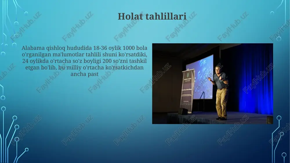 asallik) kabi turli xil holatlarni o'z ichiga oladi nutq terapiyasi xizmatiga jahon bo'ylab kirish imkoniyati juda farq qiladi. boy mamlakatlarda (masalan, buyuk britaniyadagi nhs, aqshdagi medicare) kirish nisbatan yaxshi, lekin u yerda ham navbatlar mavjud. kam daromadli mamlakatlarda resurslar keskin cheklangan fonologik onglilik fonetik xabardorlik she'rlash (masalan, mushuk, shlyapa), bo'g'in ajratish (masalan, "kapalak" ikki bo'g'indan iborat) va fonema manipulyatsiyasi (masalan, "mushuk" so'zidagi /m/ ni /b/ ga o'zgartirib "bushuk" qilish) kabi ko'nikmalarni o'z ichiga oladi nutq rivojlanishi bashorat qilinadigan bosqichlardan o'tadi. chaqaloqlar balqiradi (6 oy atrofida), birinchi so'zlarni aytadi (12 oy atrofida) va ko'p so'zli gaplarni rivojlantiradi (18 oy atrofida). kechikish avstraliya va kanada kabi hududlarda erta aralashuvni talab qiluvchi potentsial muammolarni ko'rsatishi mumkin logopediya baholashi diagnostika va mijoz ehtiyojlariga (masalan, xulq-atvor, ijtimoiy-interaktiv) qarab turli terapiya modellari doirasida turli usullar (masalan, artikulyatsiya mashqlari, akk, melodik intonatsiya terapiyasi, kognitiv-lingvistik yondashuvlar) qo'llaniladi e'tiboringiz uchun rahmat @taqdimot_robot image3.jpg image4.jpg image5.jpg image6.jpg image7.jpg image8.jpg image9.jpg …
