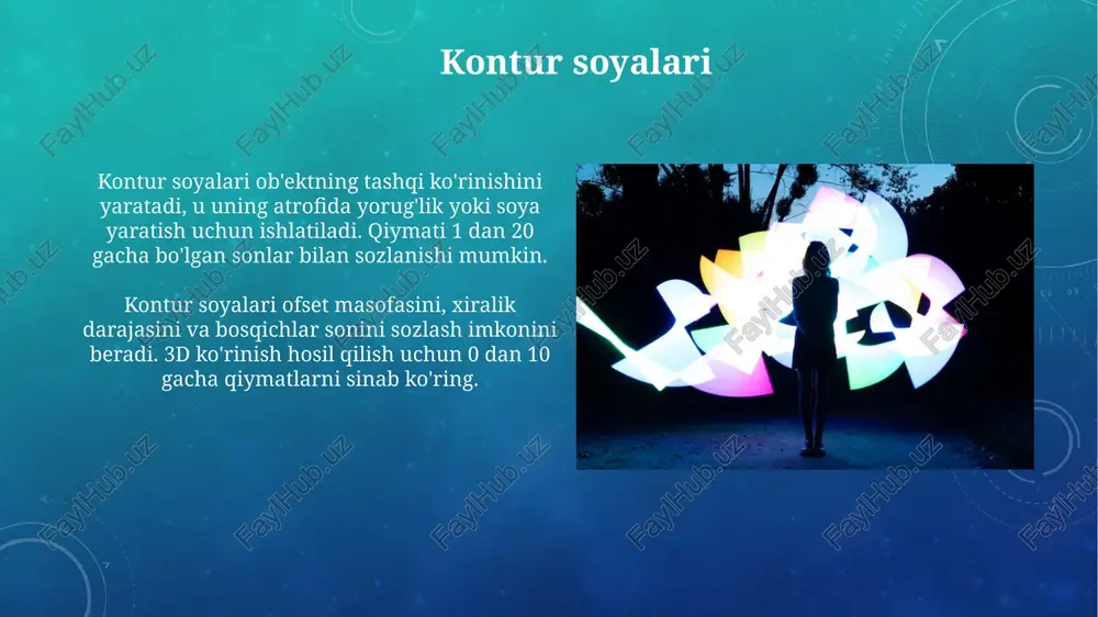 rga harakatlanmasa, ob'ekt va soyani guruhlash (ctrl+g) orqali muammoni hal qilish mumkin. bu 100% muvofiqlikni ta'minlaydi. agar soya zichligi noto'g'ri bo'lsa, 'transparency' (shaffoflik) vositasidan foydalanib, shaffoflik qiymatini 0 dan 100 gacha sozlang. 50% qiymat optimal natijani berishi mumkin. qo'shimcha yorug'lik effektlari coreldraw-dagi qo'shimcha yorug'lik effektlari ob'ektlarning 3d ko'rinishini kuchaytiradi, masalan, nuqta yorug'ligi ranglarni aniqlashtiradi va yuzalarni 0 dan 100 gacha bo'lgan intensivlik bilan ajratib ko'rsatadi. yoritish uchun 'bevel' effekti 45 graduslik burchak ostida qirralarni ko'tarib ko'rsatadi hamda materialning metall yoki plastikligini 2 xil sozlash yordamida belgilash mumkin. murakkab soya texnikalari murakkab soyalash texnikasi ko'p sonli soyalarni birlashtirishni o'z ichiga oladi, masalan, 'kaskadli soya' effektini yaratish uchun 3 yoki 4 ta qatlamli soyalar yordamida chuqurlik illyuziyasini yaratish mumkin. rangli soya o'zgarishlarida 'gradientli soya' texnikasi qo'llaniladi, bu soya rangining zichligi 0% dan 100% gacha asta-sekin o'zgarishini ta'minlaydi va ob'ekt shaklini aniqlashga yordam beradi. e'tiboringiz uchun rahmat image4.png image3.png image5.jpg image6.jpg image7.jpg image8.jpg …