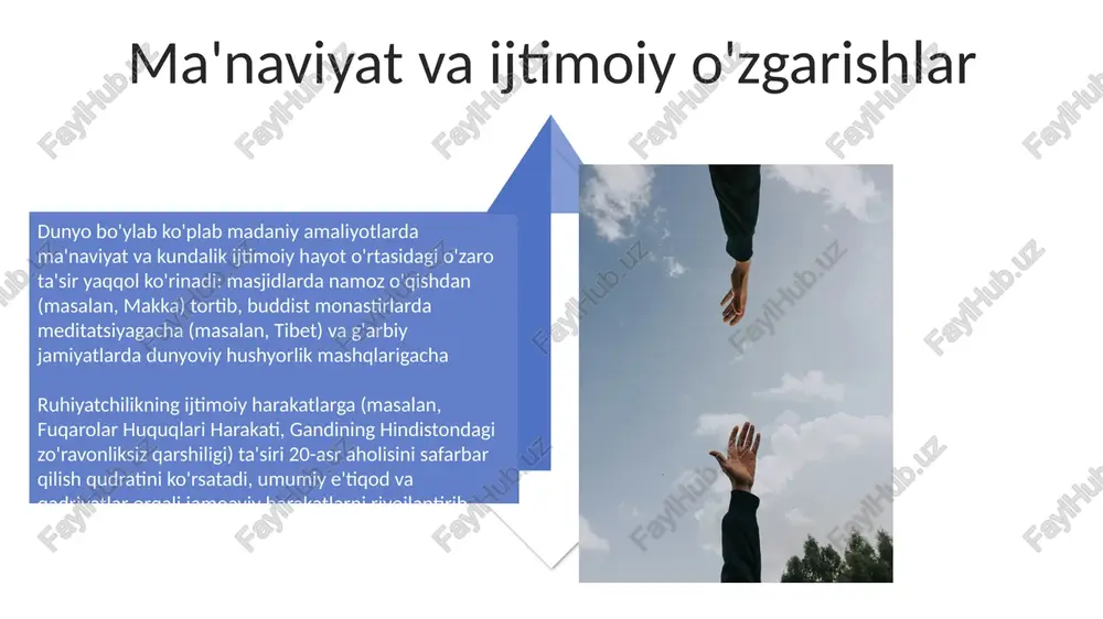 y ma'naviyat, axloqiy gumanizm, aqshdagi 21-asr buddizmi (masalan, silikon vodiysidagi diqqatlilik amaliyotlari) va amaliy ateizm (masalan, londondagi ijtimoiy adolatni targ'ib qilish) jamoatchilik faolligini rivojlantiradi. misol tariqasida, chikagodagi oziq-ovqat banklarida ko'ngillilik va yevropa ittifoqida ekologik faoliyatni keltirish mumkin ruhiy taraqqiyotning ijtimoiy aloqalarga ta'siri turli yosh guruhlari (18-65+) orasida 5 qit'ada ruhiy faollik bilan ijtimoiy foydali xulq-atvor (mehr-oqibat, hamdardlik, ko'ngillilik) o'rtasida musbat bog'liqlik (r > .5) kuzatildi. bu ijtimoiy aloqalar soni va kuchiga ta'sir ko'rsatib, yolg'izlikni kamaytirib, shaxs va jamiyat farovonligini 15-20% ga yaxshilaydi. din va ijtimoiy o'zlik umumiy e'tiqodlarning roli ijtimoiy hayot (oilalar, ish joylari, klublar kabi guruhlardagi munosabatlar) – kunlik faoliyatning 50% ini tashkil etib, shaxs shaxsiyati va xulq-atvorini shakllantiradi ma'naviyat va jamoa qurish aqsh bo'ylab 150 dan ortiq ruhiy jamoa markazlari (masalan, nyu-yorkdagi meditatsiya guruhlari, sedonadagi yoga lagerlari, chikagodagi turli din vakillarining muloqotlari) yillik 20 000 dan ortiq odamni qamrab olgan holda, umumiy marosimlar orqali ijtimoiy aloqalarni mustahkamlaydi e'tiboringiz …