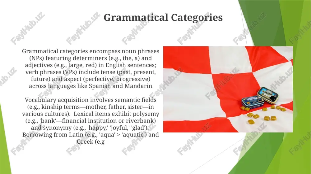 d order, tense marking (past, present, future), inflectional morphology (e.g phonological processes material on phonology: texts like "the sounds of language" by ladefoged and johnson (2015) explore phonetics & phonology. ipa transcription crucial for accurate representation (e.g., /θ/ for voiceless dental fricative) vocabulary & grammar: english lexicon boasts ~600,000 words, including technical terms (e.g., "quasar" in astronomy). grammatical structures vary (e.g., subject-verb-object in english versus subject-object-verb in japanese). morphological processes like inflection (e.g., plural "-s" in english nouns) shape word forms thank you for your attention @taqdimot_robot image1.jpg image2.jpg image3.jpg image4.jpg image5.jpg image6.jpg image7.jpg image8.jpg image9.jpg image10.jpg image11.jpg image12.jpg