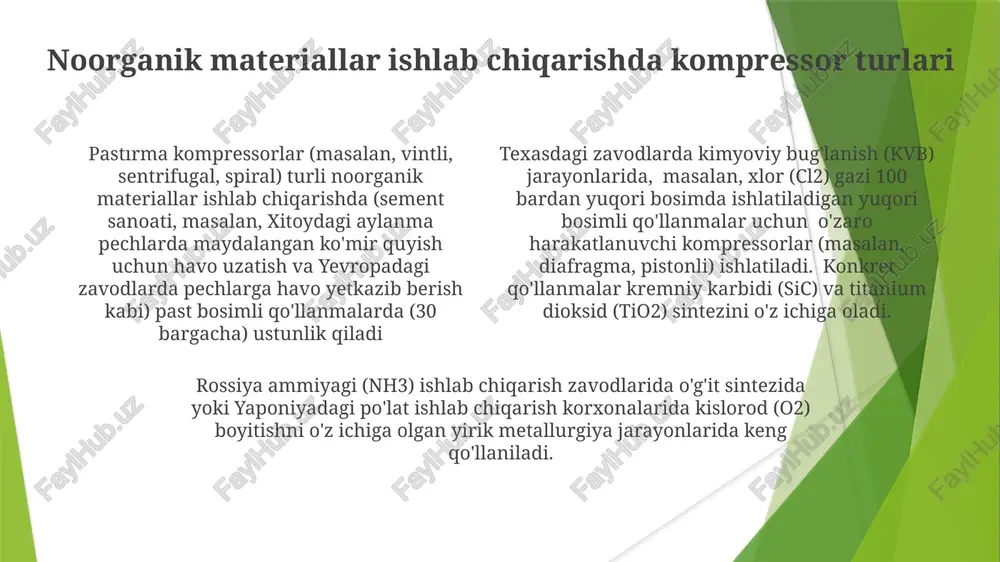 r uchun, italiya va yaponiyada keng tarqalgan), va vintli kompressorlar (oʻrta bosim va oqim, koʻp qirrali; butun dunyo boʻylab) noorganik materiallar (sement, shisha, keramika) ishlab chiqarishdagi energiya samaradorligi kompressor tanloviga bog'liq; xitoy (jahon energiyasining 15% iste'mol qiladi) va germaniya (zamonaviy kompressor texnologiyalari bo'yicha yetakchi)dagi zavodlarda 20-30% energiya tejashni optimallashtirish muhim ahamiyatga ega yuqori hajmdagi ishlatishlar uchun markazdan qochirma kompressorlar texas va luiziana zavodlaridagi ammiak (nh3) ishlab chiqarish kabi yuqori hajmdagi qo'llanmalarda 100 000 m³/soatdan ortiq quvvatga ega markazdan qochiruvchi kompressorlar ustunlik qiladi, ko'p bosqichli dizayn orqali 20 bar(g) gacha bosimga erishadi. noorganik materiallar ishlab chiqarish jahon bo'ylab zavodlarda titanium dioksid (tio2) sintez kabi jarayonlarda 10-30 mvt markazdan qochirma kompressorlarga juda bog'liq; api 617 standartlariga muvofiq dizaynlar yordamida 5 dan 15 bar(g) gacha bosimda yuqori o'tkazuvchanlikka (50,000-150,000 nm³/soat) erishiladi. yuqori bosimli sentrifugal kompressorlar (60 bar(g) gacha), ko'pincha 50,000 m³/soatdan oshiq, xitoy va germaniyadagi yirik kimyo komplekslarida sulfat kislota (h2so4) ishlab chiqarishda …