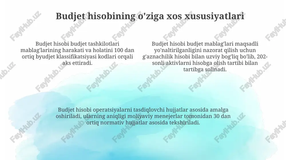 44-sonli buyruq) budjet tashkilotlarida hisob yuritish tartibini batafsil tartibga soladi va operatsiyalarni hujjatlashtirishni talab qiladi. g'aznachilik ijrosi to'g'risidagi nizom (adliya vazirligida ro'yxatdan o'tgan) davlat byudjetining g'aznachilik ijrosi bilan bog'liq hisob siyosatini va operatsiyalarini qamrab oladi va buxgalteriya xodimlariga muhim ko'rsatmalar beradi. e'tiboringiz uchun rahmat image2.png image1.png