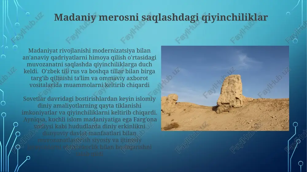 anaviy hunarmandchilikni (masalan, kulolchilik, gilam to'qish) davlat tomonidan qo'llab-quvvatlanishiga va butun mamlakat bo'ylab diniy joylarga ta'sir ko'rsatdi oʻzbek tilini saqlash o'zbekiston mustaqilligi (1991) o'zbek tilini saqlash tashabbuslarini, jumladan, o'zbek tili jamiyatini tashkil etish va toshkent, samarqand, buxoro kabi shaharlardagi ta'lim (masalan, maktablarda 90% o'zbek tili) va ommaviy axborot vositalariga ta'sir ko'rsatuvchi yangi til qonunlarini qabul qilishni rag'batlantirdi muzey va madaniy meros obyektlar mustaqillikdan beri o'zbekiston madaniy merosini saqlash va targ'ib qilishga (5 milliard dollardan ortiq) katta mablag' sarfladi. uneskoning jahon merosi obyektlar – samarqand registon maydoni (xv-xvii asrlar), buxoro poi kalyan majmuasi (xii-xvi asrlar) va itchan kala (xiva ichki shahri) – me'morchilik rivojini va doimiy madaniy ahamiyatini namoyish etadi sufizmning roli hukumatning sufizmga yondashuvi murakkab: din erkinligi bilan xavfsizlikka oid tashvishlar muvozanatini saqlash. davlat manfaatlariga mos "mo''tadil islom"ni targ'ib qilib, shu bilan birga radikallashuvning oldini olish maqsadida sufiy faoliyatini kuzatadi kino va undagi o'zbek milliy o'zligini aks ettirish o'zbek madaniyatining …