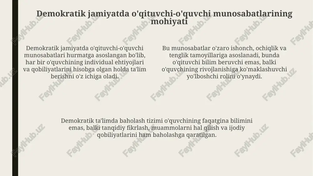 -yilda qabul qilingan “ta’lim to‘g‘risida”gi yangi qonun ta’lim oluvchilarning huquqlarini kengaytirdi va ularning o'z fikrini erkin ifoda etish imkoniyatini oshirdi. prezidentning 2019-yilgi farmoni bilan ta'lim muassasalarida so'z erkinligi va akademik erkinlikni ta'minlashga qaratilgan muhim qadamlar qo'yildi, shu jumladan, tanqidiy fikrlashni rivojlantirish uchun sharoit yaratildi. qonunchilik asoslari: ta'limda ozodlikni kafolatlovchi hujjatlar o'zbekiston respublikasi prezidentining 2020-yil 6-noyabrdagi pf-6108-son farmoni ta’lim sifatini oshirish, o’qituvchilarning erkinligini ta’minlash va ularning huquqlarini himoya qilishga qaratilgan islohotlarni nazarda tutadi. o'zbekiston konstitutsiyasining 41-moddasi ta'lim olish huquqini kafolatlaydi, bu esa o'quvchilarga mustaqil ravishda bilim olish imkoniyatini beradi va o'qituvchilarga akademik erkinlikni ta'minlaydi. “ta’lim to‘g‘risida”gi qonunning 4-moddasi ta’lim tizimining demokratik, insonparvarlik xarakterini belgilaydi, bu esa o’qituvchi va o’quvchi o’rtasida erkin munosabatlar o’rnatish uchun zamin yaratadi. zamonaviy muammolar: ozodlikni cheklovchi omillar ijtimoiy tarmoqlarda 24/7 kuzatuv va nazorat, o'qituvchi va o'quvchilarning fikr erkinligini cheklashi, tanqidiy fikrlashga to'sqinlik qilishi mumkin, bu esa o'z-o'zini senzura qilishga olib keladi. o'quv dasturlaridagi 100% standartlashtirish va testlar …