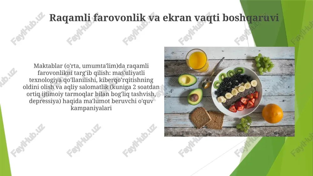 ab-quvvatlash tarmoqlari sog'lom odatlarni muntazam kuzatishga (uyqu davomiyligi ≥7 soat, kunlik qadamlar soni ≥10,000) yordam beradi sog'liqni saqlash va qo'llab-quvvatlash xizmatlariga kirish universitet sog'liqni saqlash markazlari (masalan, ucla, harvard) 24/7 teletibbiyot, ruhiy salomatlik bo'yicha maslahat (kbt, dbt) va profilaktika xizmatlarini (grippga qarshi emlash, jsi tekshiruvi) taqdim etib, talabalarning ~80% qamrab oladi. moliyaviy yordam dasturlari (pell grantlari, stipendiyalar) tibbiy xarajatlarning 75% qoplaydi. ekologik onglilik va barqarorlik oksford universiteti talabalar hayotining ichiga 10 soat atrof-muhitshunoslik (uglerod izini kamaytirish strategiyasi va barqaror qishloq xo'jaligi) va 5 soat ovqatlanish/fitness (muvozanatli ovqatlanish, onglik ovqatlanish odatlari va haftasiga 150 daqiqa jismoniy mashqlar) dasturini qo'shish turmush tarziga sezilarli ta'sir ko'rsatadi. e'tiboringiz uchun rahmat @taqdimot_robot image1.jpg image2.jpg image3.jpg image4.jpg image5.jpg image6.jpg image7.jpg image8.jpg image9.jpg image10.jpg image11.jpg image12.jpg image13.jpg image14.jpg image15.jpg image16.jpg image17.jpg