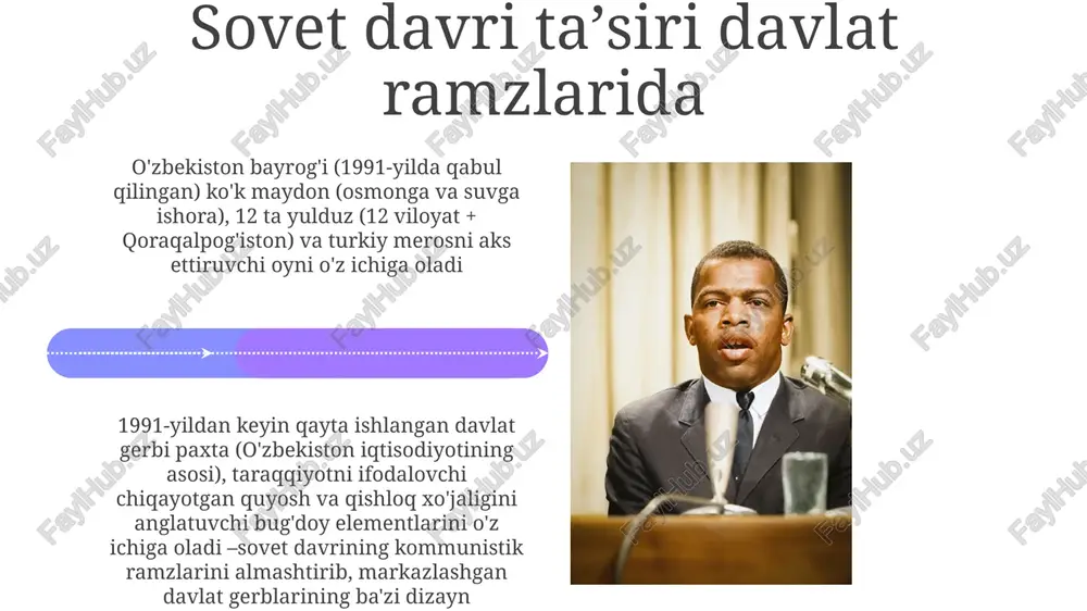 jasorat va matonat) rangli vertikal chiziqdan iborat davlat gerbi (1991-yilda qabul qilingan) erkinlik va mustaqillikni ramzlovchi ko'k qushni, quyosh chiqishini, pastda esa paxta va bug'doy shoxlarini (qishloq xo'jaligini, o'zbekistonning asosiy iqtisodiy sohasini) aks ettiradi o'zbek simvolizmining dastlabki ta'sirlari 01 02 mustaqil oʻzbekiston (1991-hozirgi kungacha): bayroqdagi koʻk (osmon va suv), oq (poklik), yashil (tabiat) va qizil (jasorat) rangli chiziqlar oʻzbekistonning tabiiy manzarasi va intilishlarini aks ettiradi. oy va yulduzlar islom merosiga, 1992-yilda esa gerbga koʻk qaldirgʻoch (milliy qush) qoʻshilgan. sovet oʻzbekistoni (1924-1991): davlat ramzlari sovet ideologiyasini aks ettirdi. bolgʻa va orol (ishchilar va dehqonlarni anglatadi), qizil yulduz (kommunizm) va bugʻdoy (qishloq xoʻjaligi farovonligi) 1925–1991 yillardagi oʻzbekiston ssr bayrogʻi va gerbida ustunlik qildi. toshkent markaziy ramziy markazga aylandi. sales 1st qtr 2nd qtr 100 0 sales 1st qtr 2nd qtr 100 0 gerb elementlarining talqini g'alla va paxta poyalari o'zbekistonning, ayniqsa samarqand va buxoro atrofidagi unumdor yerlardagi boy qishloq xo'jaligi merosi va …