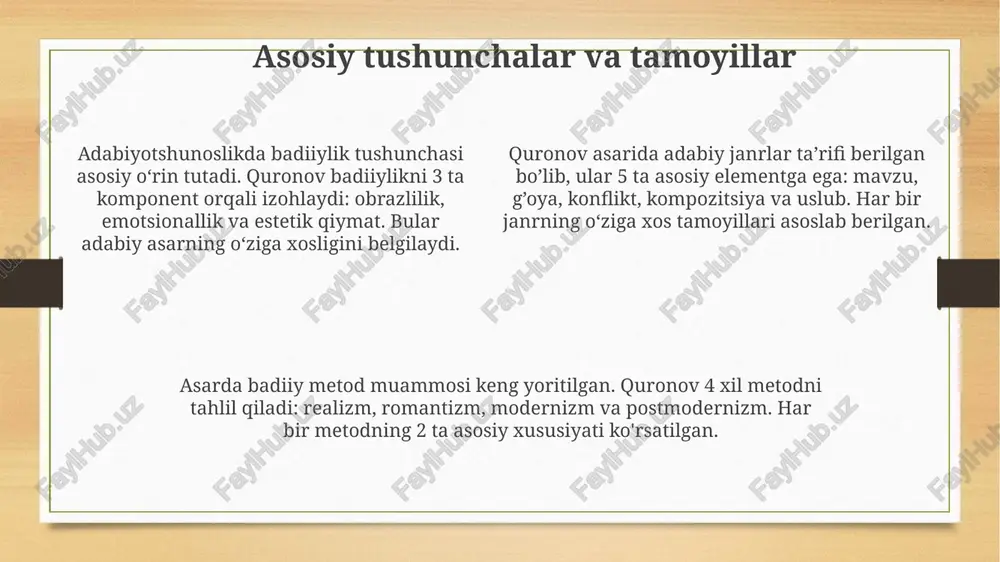abiyotining janrlar tizimi, poetikasi va uslubiy xususiyatlarini tadqiq etishga yoʻnaltirilgan. dilmurod quronov 1952-yilda tugʻilgan boʻlib, xx asrning ikkinchi yarmidan boshlab adabiyotshunoslik sohasiga katta hissa qoʻshgan oʻzbek olimlaridan biridir. uning faoliyati davomida “adabiyot nazariyasi” kabi fundamental asarlar yaratilgan boʻlib, bu asarlar adabiyotshunoslikning muhim masalalarini yoritishga qaratilgan. asarning tuzilishi va asosiy mavzulari asarning tuzilishi 9 ta bobdan iborat bo'lib, har bir bob adabiyotshunoslikning muhim jabhasiga, xususan, poetika va janrlar nazariyasiga bag'ishlangan. kitobning asosiy mavzusi adabiyotning mohiyati, vazifasi va jamiyatdagi o'rni masalalarini o'rganish orqali adabiyotshunoslikning fundamental prinsiplarini ochib berishdir. quronov asarida sharq adabiyoti nazariyasiga alohida e'tibor qaratilgan bo'lib, klassik matnlar va ularning zamonaviy adabiyotshunoslikdagi ahamiyati tahlil qilinadi. kelajakdagi tadqiqotlar uchun istiqbollar quronov nazariyasining 21-asr adabiy jarayonlariga ta'sirini 2.0 versiyasi uchun yangi raqamli usullar bilan tadqiq etish mumkin. sharq adabiyoti nazariyasi asosida 100 dan ortiq zamonaviy adabiy asarlarni qiyosiy tahlil qilish kelajakdagi istiqbolli tadqiqot yo'nalishidir. quronovning poetika va uslubga oid qarashlarini 3 xil adabiy …