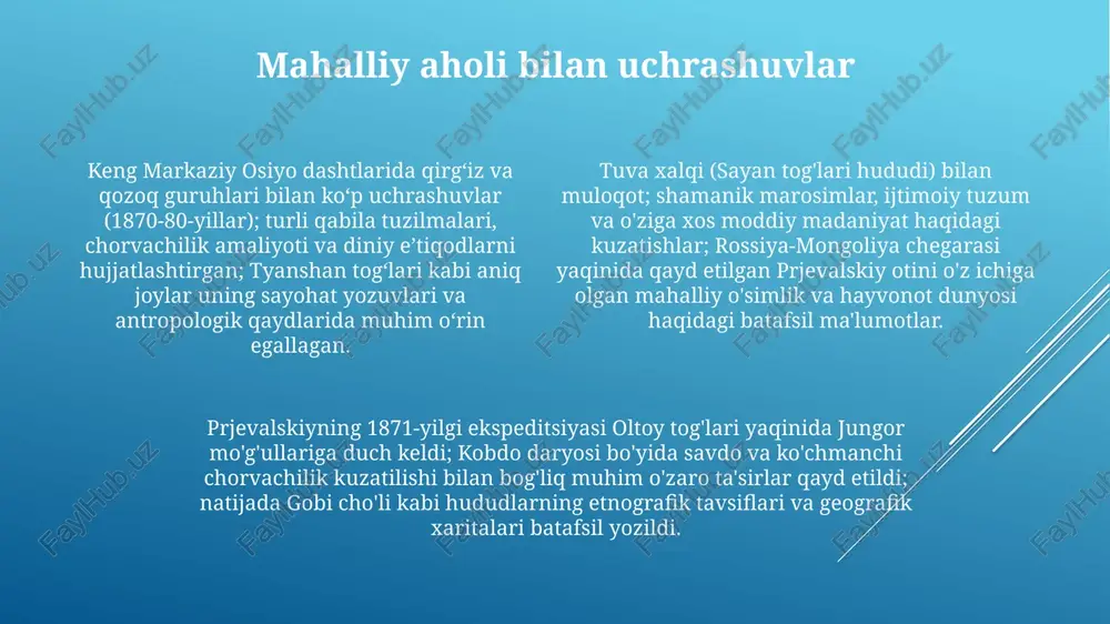 b, uning oltoy togʻlari va atroflarining kartografik maʼlumotlarining aniqligiga putur yetkazdi uyga qaytish 1888-yilda nikolay prjevalskiyning uchinchi markaziy osiyo ekspeditsiyasi qirgʻiziston, tibet va shinjonda oʻtib, koʻplab nomaʼlum oʻsimlik va hayvon turlarni, jumladan, altin-togʻ togʻlari yaqinida prjevalskiy otini (equus ferus przewalskii) hujjatlashtirdi. keng, aholi kam joylarda geografik qiyinchiliklar va logistik muammolarga duch keldi. kartografiyaga ta'siri uning aniq geografik kuzatishlari – kenglik/uzunlik o'lchovlari, barometr yordamida balandlik o'lchashlari – ilgari o'rganilmagan hududlarning aniqroq kartografik tasvirini yaratdi, rossiya, xitoy va tibet o'rtasidagi noma'lum ko'llar, cho'llar va tog' daralarini batafsil ko'rsatib, markaziy osiyo geografiyasi haqidagi tushunchalarni tubdan o'zgartirdi. qiyinchiliklar va qiyin sharoitlar ekspeditsiya kam aholi yashaydigan joylardan ta'minot olishga juda bog'liq edi; muloqotdagi qiyinchiliklar, til to'siqlari va madaniy tushunmovchiliklar ta'minotni ta'minlashni qiyinlashtirdi, bu ekspeditsiyaning oziq-ovqat xavfsizligiga va omon qolish uchun zarur jihozlarni ta'minlashga ta'sir ko'rsatdi prjevalskiyning 1871-yildagi mo'g'ulistonning uzoq oltoy tog'lariga ekspeditsiyasi -40°c gacha tushadigan qattiq qish kabi ekstremal ob-havo sharoitlariga duch keldi. bu ta'minotga …