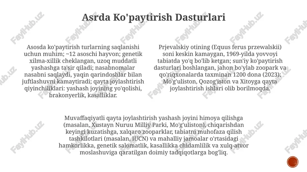 va chorvachilikni boshqarish texnologiyalari orqali odam-hayvon mojarolarini kamaytirishni o'z ichiga oladi x million dollar atrof yillik mablag' talab qiluvchi tabiatni muhofaza qilish ishlari (masalan, prjevalskiy otlari dasturi) yashash joylarini himoya qilish (masalan, 20 tahdidlar va muhofaza holati prjevalskiy otining (equus ferus przewalskii) soni keskin kamayib borayotgan, iucn qizil kitobiga kiritilgan. 10 dan ortiq sun'iy ko'paytirish dasturlari va qayta joylashtirish joylarida (jumladan, mo'g'uliston, xitoy (taxin tal qo'riqxonasi) va qozog'istonda) 500 dan kam yashash joylari bo'laklangan populyatsiyasi mavjud asosan asirlikda ko'paytirish, qayta joylashtirish dasturlari (masalan, mo'g'uliston dashtlarini tiklash), brakonerlikka qarshi patrul xizmati, jamoatchilik bilan ishlash (masalan, xitoy va mo'g'ulistonda mahalliy chorvadorlar bilan hamkorlik), kasalliklarni kuzatish, turli joylarda ~2000 gektarni qamrab oluvchi yashash joylarini tiklash loyihalari amalga oshirilmoqda xulq-atvor va ijtimoiy tuzilma markaz osiyo, jumladan, jungʻor havzasidagi tabiiy yashash joylarida ularning ijtimoiy xulq-atvori vizual signallar (tananing holati, quloq harakatlari), hidli signallar (siydik belgisi, najas toʻplami) va ovoz chiqarish (xırıltı, qiynalish) orqali murakkab aloqani …