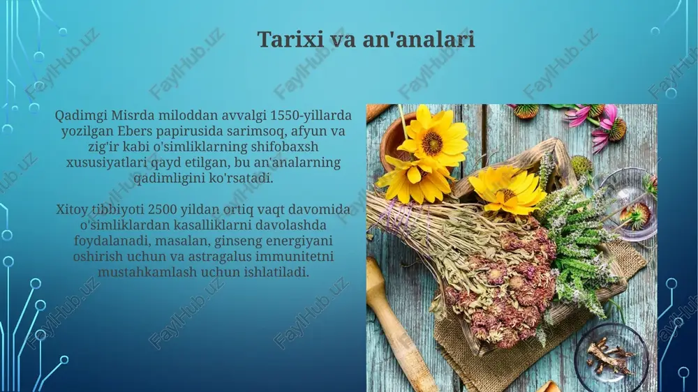 osiy faol birikmasi va ularning molekulyar nishonlari haqida savollar berish orqali tushunishni chuqurlashtirish mumkin. yetishtirish va saqlash usullari qanday ta'sir qiladi, degan savol, o'simlikning kimyoviy tarkibiga, xususan, asosiy terapevtik komponentlarning foiziga aniqlik kiritishga yordam beradi. e'tiboringiz uchun rahmat image3.jpg image4.jpg image5.jpg image6.jpg image7.jpg image8.jpg image9.jpg image10.jpg image11.jpg image12.jpg image13.jpg image14.jpg image15.jpg image16.jpg image17.jpg image2.png