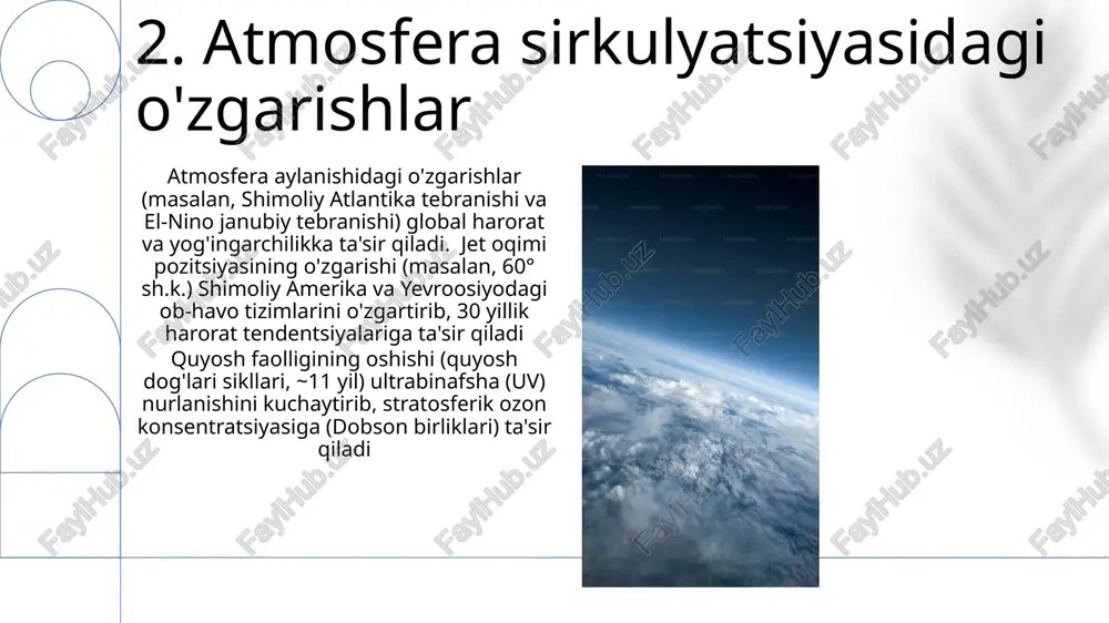nidan uzun to'lqinli radiatsiyaning yutilishi global va regional (masalan, arktika kuchayishi) sirt temperaturasini oshiradi 13.yovvoyi hayot yashash joylariga ta'siri atmosfera ta'siri: nox va zarrachali moddalar chiqindilarining ko'payishi (ba'zi yirik quyosh fermalarida pm2.5 da 2-5 µg/m³ oshishi; nox dan ozon hosil bo'lish potentsiali) 14.suv aylanishiga ta'siri quyosh radiatsiyasi yer yuzasini (quruqlik, okeanlar) qizdiradi, bu atmosfera haroratini oshiradi (o'tgan asrda 1-2°c ga). kuchaygan issiqxona effekti (co2 30-40% ga oshishi) bug'lanish tezligini va ekstremal ob-havo hodisalarini (dovul, qurg'oqchilik) ko'paytiradi quyosh energiyasi albedo (aks ettirish) ga ta'sir qiladi. muz va qor qoplamining kamayishi (masalan, arktika, grenlandiya) albedoni pasaytiradi, quyosh radiatsiyasining yutilishini oshiradi, atmosfera va okeanlarni yanada qizdiradi 15.quyosh fermalarining albedo ta'siri yer usti ta'siri: qazilma yoqilg'ilardan kamroq foydalanish elektr stansiyalari yaqinida (masalan, xitoy va hindistondagi ko'mir elektr stansiyalari) havo ifloslanishining (pm2.5, sox, nox) kamayishi va havo sifatining yaxshilanishiga olib keladi, bu inson salomatligiga va atrofdagi hududlardagi o'simliklar o'sishiga ta'sir qiladi atmosferaga ta'siri: quyosh energiyasi …