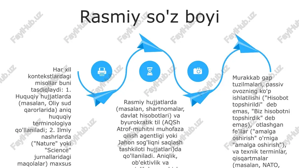 'rniga "muvofiq" atamalarini ishlatish) har xil kontekstlarda (masalan, huquqiy hujjatlar, ilmiy maqolalar, rasmiy hisobotlar) e'tibor qaratiladi ob'ektivlik muhim, subyektiv fikr va his-tuyg'ularni ifoda etuvchi so'zlardan qochish kerak. aniq so'zlar ("ko'p" o'rniga "sezilarli", "shuning uchun" o'rniga "natijada" kabi) parij, fransiya va sidney, avstraliya kabi turli joylardagi hisobotlar, xatlar va rasmiy yozishmalarda xolislikni saqlashga yordam beradi murakkab gap tuzilmalari, bog'lovchi va qatnashgan iboralar keng qo'llaniladi, ma'lumotlarning tuzilgan va mantiqiy taqdimotini aks ettiradi rasmiy rasmiy uslubni ta'riflash rasmiy uslub aniqlik, ob'ektivlik va ravshanlikni ustuvor deb biladi, huquqiy atamalar ("shu orqali", "yuqorida qayd etilgan"), lotin qisqartmalari ("va boshqalar") va aniq raqamli ma'lumotlar ("§ 12.3.4(a)") dan foydalanadi, shu jumladan huquqiy shartnomalar (vashington, d.s fos maqsadi – geografik joylashuvlar (masalan, bmtning 193 a'zo davlati imzolagan global shartnomalar) va yuqori xavfli turli auditoriyalar (masalan, nyu-yorkdagi 5 bank tomonidan qayta ishlangan 10 million aqsh dollari miqdoridagi moliyaviy operatsiyalar) o'rtasida axborotni aniq yetkazishdir fos uslubiy xususiyatlari: passiv maylning ustunligi, …