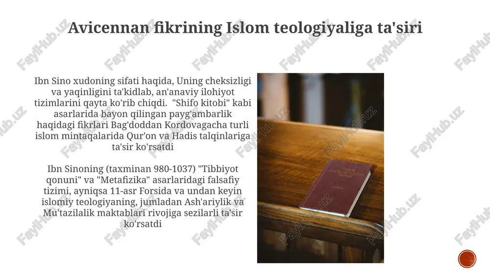 liyatni va uning o'limdan keyin faol aql – samoviy olam – bilan birlashish imkoniyatini o'z ichiga oladi avicennaning imon-aql bahsining dolzarbligini davomiyligi ibn sinoning 11-asrlik falsafa, tibbiyot ("tib qonuni") va ilohiyotga oid asarlari fors, yaqin sharq va yevropa bo'ylab islom oltin davri ilmini chuqur ta'sir qildi; uning din va aql uyg'unligi zamonaviy dinlararo muloqot va falsafiy tadqiqotlarga ta'sir ko'rsatmoqda. e'tiboringiz uchun rahmat @taqdimot_robot image4.jpg image5.jpg image6.jpg image7.jpg image8.jpg image9.jpg image10.jpg image11.jpg image12.jpg image13.jpg image14.jpg image15.jpg image1.png image2.png image3.png