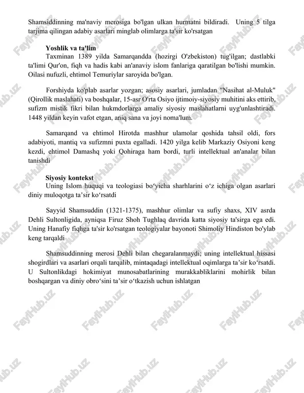 n maqbarasi [shahar, davlat]da joylashgan bo'lib, yiliga 20 000 dan ortiq sayyohlarni o'ziga jalb qiluvchi muhim joy hisoblanadi va xv asr me'morchiligining murakkab namunalarini, temuriylar davri badiiy ta'sirini aks ettiradi sayyid shamsiddin 70 yil umr ko'rib, ilm-fan, 3 qit'ada ruhiy rahbarlik va keng ta'sirga ega bo'ldi. vafoti [mintaqa]da sufiylik rahbarligida bo'shliq qoldirdi 1448-yildan keyin [patronning ismi] tomonidan boshlangan maqbara qurilishi 3000 dan ortiq firuza plitalari va 10000 dan ortiq g'ishtlardan foydalanilgan bo'lib, sayyid shamsiddinning ma'naviy merosiga bo'lgan ulkan hurmatni bildiradi. uning 5 tilga tarjima qilingan adabiy asarlari minglab olimlarga ta'sir ko'rsatgan yoshlik va ta'lim taxminan 1389 yilda samarqandda (hozirgi o'zbekiston) tug'ilgan; dastlabki ta'limi qur'on, fiqh va hadis kabi an'anaviy islom fanlariga qaratilgan bo'lishi mumkin. oilasi nufuzli, ehtimol temuriylar saroyida bo'lgan. forshiyda ko'plab asarlar yozgan; asosiy asarlari, jumladan "nasihat al-muluk" (qirollik maslahati) va boshqalar, 15-asr o'rta osiyo ijtimoiy-siyosiy muhitini aks ettirib, sufizm mistik fikri bilan hukmdorlarga amaliy siyosiy maslahatlarni uyg'unlashtiradi. 1448 …