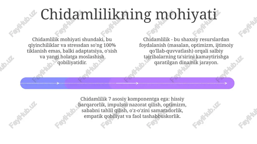 likni ham yaxshilaydi; masalan, kuniga 30 daqiqa jismoniy mashqlar yurak-qon tomir tizimini mustahkamlaydi. o'z-o'ziga g'amxo'rlik amaliyotlari stress gormonlari (masalan, kortizol) darajasini pasaytirish orqali emotsional barqarorlikni oshirishga yordam beradi, bu esa umumiy kayfiyatni yaxshilaydi. kundalik minnatdorchilik jurnalini yuritish yoki 5 daqiqalik meditatsiya mashqlarini bajarish miyaning neyroplastikligini oshiradi, bu esa ijobiy fikrlash qobiliyatini rivojlantiradi. amaliy mashqlar 01 02 03 kundalik minnatdorchilik mashqlari, kamida 3 narsani yozish, optimistik nuqtai nazarni rivojlantirishga va diqqatni ijobiy tomonlarga qaratishga yordam beradi. stressni boshqarish usullarini o'rganish, masalan, nafas olish mashqlari yoki 20 daqiqalik meditatsiya, tinchlanishga va qiyin vaziyatlarga moslashishga imkon beradi. muntazam jismoniy faollik, haftasiga kamida 150 daqiqa o'rtacha intensivlikda, kayfiyatni yaxshilaydi va stressni kamaytiradi, bu esa chidamlilikni oshiradi. sales 1st qtr 2nd qtr 100 0 sales 1st qtr 2nd qtr 100 0 sales 1st qtr 2nd qtr 100 0 xulosa xulosa shuni ko'rsatadiki, 10 ta asosiy omilni hisobga olgan holda rezilientlikni shakllantirish, stressni 35 foizga kamaytirish …