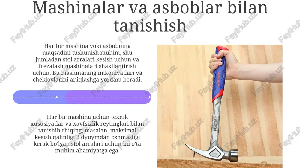 rish kurslarini o'tkazish, amaliy mashg'ulotlarni ham qo'shish lozim. texnik xizmat ko'rsatish va saqlash har foydalanishdan keyin arra pichoqlari, frezalar va burg'ulash uchlaridan smolani, yopishtiruvchi moddalarni va qoldiqlarni olib tashlash tavsiya etiladi, bu esa ish samaradorligini saqlab qoladi. barcha elektr asboblari kamida har 6 oyda professional tomonidan tekshirilishi kerak, bunda simlarning eskirganligi, shikastlanganligi va topraklama aloqalari tekshiriladi. xavfsizlik belgilari va ogohlantirishlar ogohlantiruvchi belgilar ish joyida 3 metrdan kam bo'lmagan masofada aniq ko'rinishi kerak va ular xavfning turini ko'rsatadigan aniq piktogrammalarga ega bo'lishi lozim. majburiy belgilar, masalan, ko'zoynak taqish kabi belgilar, 1 metrdan kam bo'lmagan masofada ko'rinishi kerak va ular qanday shaxsiy himoya vositalari talab etilishini aniq ko'rsatishi shart. muammolarni bartaraf etish agar mashina ishlayotganda g'alati shovqinlar 85 desibeldan oshsa, darhol to'xtating. sababini aniqlang, so'ngra xavfsiz tarzda tuzating yoki vakolatli texnik xizmatga murojaat qiling. kesish jarayonida 15 daqiqadan ortiq qizib ketgan arra pichoqlari yoki frezalari xavfsizlik uchun darhol almashtirilishi kerak, chunki bu …