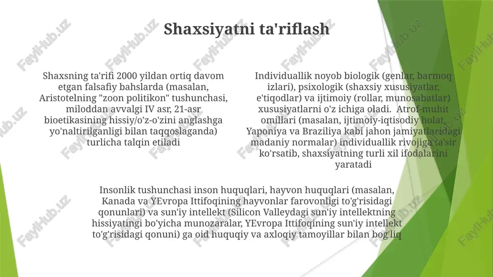 fodalash orqali namoyon bo'ladi. ijtimoiy taqqoslash (festingerning ijtimoiy taqqoslash nazariyasi) va yutuqlar orqali shakllanadigan o'z-o'zini hurmat qilish o'z-o'zini anglash va xulq-atvorga ta'sir qiladi. kognitiv rivojlanish (piaget bosqichlari) o'z-o'zini tushunishga ta'sir qiladi shaxsiyat – murakkab tushuncha, huquqiy huquqlarni (masalan, aqshda ovoz berish uchun 18 yosh), axloqiy mas'uliyatni (nürnberg sudlari kabi ijtimoiy kontekstlarda harakatlar uchun javobgarlikni) va o'z-o'zini anglashni (metakognitsiyani) o'z ichiga oladi shaxsiyat go'daklikdan (0-2 yosh) rivojlanadi, genetika (tabiat), atrof-muhit (tarbiya) va ijtimoiy-madaniy kontekstlar (masalan, qishloq xitoyidagi va shahar londondagi oila tuzilmalari) ta'sirida shakllanadi. shaxsiyat xususiyatlari (beshlik modeli) paydo bo'lib, o'z-o'zini anglashga ta'sir qiladi shaxs va jamiyat ijtimoiylashuv (oila, ta'lim, ommaviy axborot vositalari) shaxs xulq-atvorini, qadriyatlarini va e'tiqodlarini shakllantiradi. dyurkemning ijtimoiy birdamlik (mexanik va organik) tushunchasi shaxs va jamiyat ehtiyojlari o'rtasidagi o'zaro ta'sirni ta'kidlaydi shaxsiyat: o'ziga xos xususiyatlar (genetika, tajriba, shaxs) o'z-o'zini anglashni shakllantiradi. eriksonning psixososial rivojlanish bosqichlari (o'zlikni anglash yoki rol chalkashligi) o'z-o'zini tushunishga bo'lgan individual safarni ko'rsatadi individualizm (18-asr …