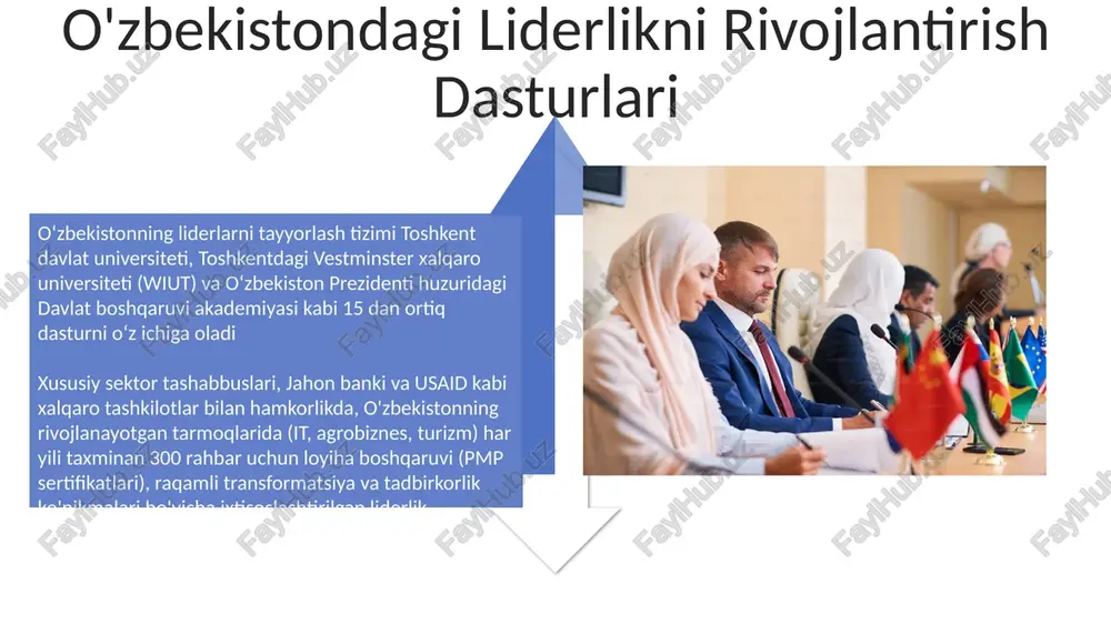 uri va 25 dan ortiq kompaniyaning liderlikka o'qitish dasturlari kabi liderlikni rivojlantirish tashabbuslari har yili taxminan 10 000 ishtirokchini qamrab, amaliyot, simulyatsiya va mentorlik orqali tajriba orttirishga yo'naltirilgan moslashuvchanlik va bardoshlilik farg'ona vodiysida va qoraqalpog'istonda suv tanqisligidan kelib chiqadigan qishloq xo'jaligiga ta'sir etuvchi muammolarni yengish uchun 2,5 million gektar yerda joylashgan 1500 dan ortiq xo'jaliklarda barqaror amaliyotlarni targ'ib qiluvchi innovatsion rahbarlik zarur mentorlik va ko'rsatma dasturlari usaid tomonidan moliyalashtirilgan "o'sish uchun liderlik" dasturi (2020-2022) 300 dan ortiq o'zbek kmmlariga foyda keltirdi o'zbek kontekstida liderlikni ta'riflash o'zbekiston rahbarlari tarkibi sovet davri avtoritarizmi va post-sovet islohotlarining aralashmasini aks ettirib, toshkent, samarqand va buxoro kabi turli hududlaridagi rahbarlik uslublariga ta'sir qiladi (taxminan 35 million fuqaro) o'zbekistonda liderlik ko'nikmalarini rivojlantirish madaniy nozikliklarni (kollektivizm va individualizm), turli millatlar (o'zbek, rus, qozoq va boshqalar) o'rtasida ochiq muloqot va hamkorlikni kuchaytirishni talab qiladi (taxminan 300 000 davlat xodimi) rahbarlarni rivojlantirish samaradorligini o'lchash o'zbekistonda liderlik ko'nikmalarini rivojlantirish (2020-2023): …