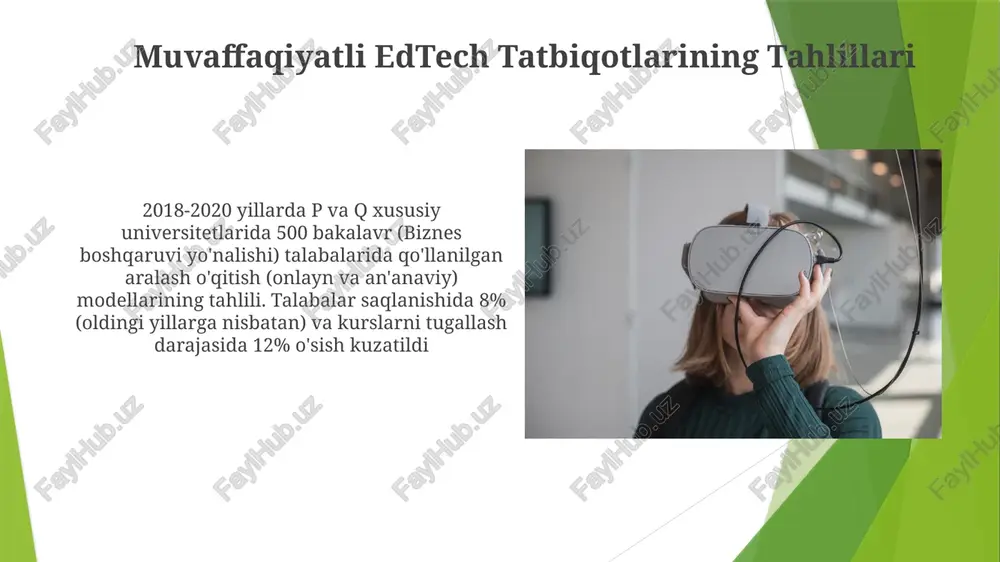ligi oshdi: edtech vositalari (google classroom, seesaw) ma'muriy ishlarni avtomatlashtirib, kanada va avstraliyadagi maktablardagi o'qituvchilarga haftasiga 10-15 soat vaqtni individual ta'limga sarflash imkonini beradi ta'lim texnologiyalarining yangi yo'nalishlari metaverse va kengaytirilgan reallik (kr) texnologiyalari (vr, ar) dunyo bo'ylab 2500 dan ortiq ta'lim muassasalarida immersiv o'rganish tajribalarini birlashtirmoqda edtexnologiyalarni joriy etishdagi qiyinchiliklar sinfda texnologiyalarni qo'llash sun'iy intellektning ta'limdagi roli e'tiboringiz uchun rahmat @taqdimot_robot image1.jpg image2.jpg image3.jpg image4.jpg image5.jpg image6.jpg image7.jpg image8.jpg image9.jpg image10.jpg image11.jpg image12.jpg image13.jpg image14.jpg image15.jpg image16.jpg image17.jpg