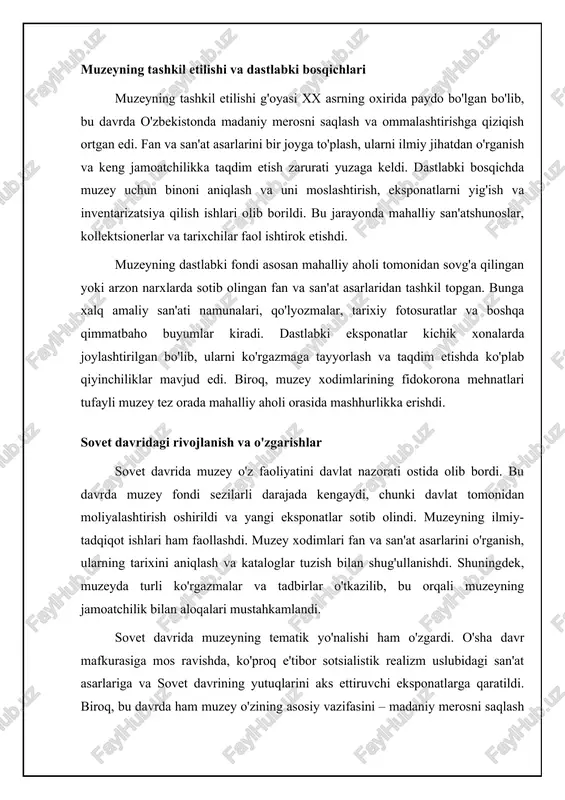 i: no elements provided] kelajakdagi istiqbollar va rivojlanish yo'nalishlari muzey kelajakda o'z faoliyatini yanada takomillashtirish va kengaytirishni rejalashtirmoqda. bunga muzey infratuzilmasini modernizatsiya qilish, yangi ko'rgazma zallarini qurish va eksponatlarni saqlash uchun zamonaviy sharoitlar yaratish kiradi. muzey, shuningdek, o'zining ilmiy-tadqiqot faoliyatini kuchaytirish, yangi tadqiqot loyihalarini amalga oshirish va xalqaro ilmiy konferentsiyalarda ishtirok etishni maqsad qilgan. muzeyning rivojlanish yo'nalishlaridan biri – bu jamoatchilik bilan aloqalarni mustahkamlash va muzeyning auditoriyasini kengaytirishdir. bunga turli xil madaniy-ma'rifiy tadbirlar, jumladan, interaktiv ko'rgazmalar, master-klasslar, leksiyalar va ekskursiyalar tashkil etish kiradi. muzey, shuningdek, maktablar va universitetlar bilan hamkorlikni yo'lga qo'yish va talabalar uchun maxsus dasturlar ishlab chiqishni rejalashtirmoqda. muzeyning kelajagi – bu madaniy merosni saqlash va ommalashtirish, shuningdek, jamiyatning madaniy-ma'rifiy rivojlanishiga hissa qo'shishdir. ⚖️ fan va san'at muzeyining taqqoslash jadvali fan muzeyi va san'at muzeyini taqqoslash item namoyishlar turi auditoriya qamrovi interaktivlik darajasi madaniy ahamiyati fan muzeyi ilmiy keng yuqori o'rta san'at muzeyi san'at asarlari torroq past yuqori …