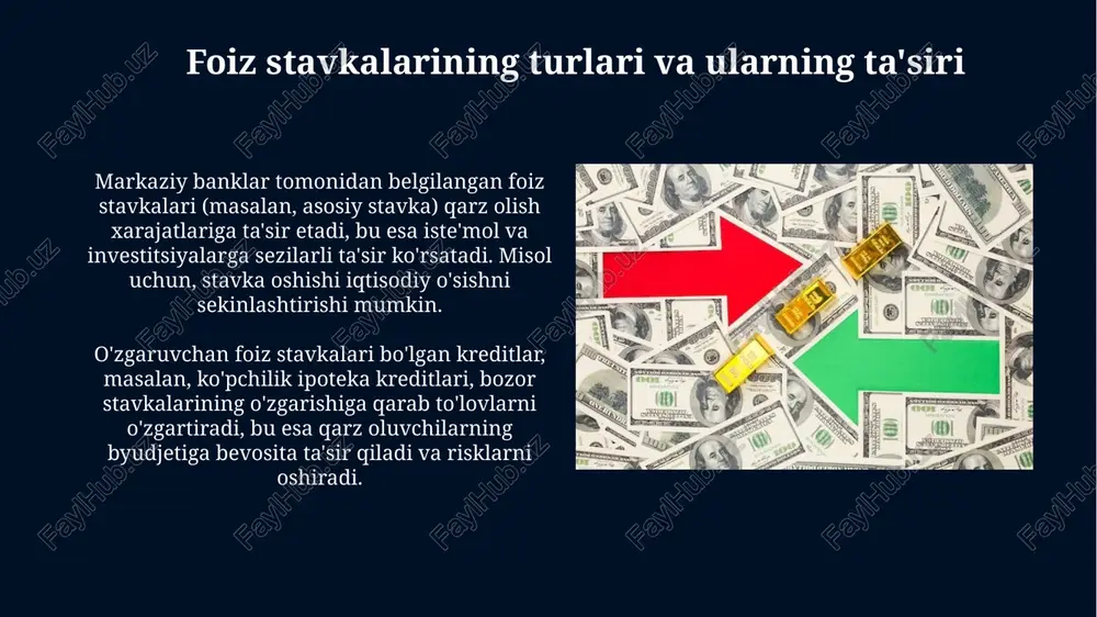 tsiya qilishi mumkin, muddatli depozitlardan foydalanib, xavflarni minimallashtirish va daromadni oshirish strategiyasini qo'llashlari mumkin. kompaniyalar valyuta xatarini kamaytirish uchun forvard shartnomalari, fyucherslar va optsionlar kabi vositalardan foydalanishi, shuningdek, o'z operatsiyalarini turli xil valyutalarda diversifikatsiya qilishi mumkin. regulyatsiya va nazorat valyuta savdosi bozori ustidan nazorat davlat markaziy banklari tomonidan amalga oshiriladi, bu banklar foiz stavkalarini o'zgartirish va valyuta intervensiyalari orqali kurslarga ta'sir ko'rsatadi. bank nazorati valyuta kurslari o'zgarishi ta'sirini yumshatishga qaratilgan kapitallar harakati ustidan cheklovlarni o'z ichiga olishi mumkin, bu esa iqtisodiy barqarorlikni saqlashga yordam beradi. foiz stavkalari, valyuta kurslari va global savdo yuqori foiz stavkalari kapitalning kirib kelishiga olib kelishi mumkin, bu esa mahalliy valyuta qiymatini oshiradi, bu esa eksportni qimmatlashtiradi va importni arzonlashtiradi, savdo balansini pasaytiradi. past foiz stavkalari valyutani qadrsizlantirishi mumkin, bu esa eksportni rag'batlantiradi va importni cheklaydi, potentsial ravishda savdo qoldig'ini yaxshilaydi, ammo inflatsiyani kuchaytiradi. kelajak tendentsiyalari va imkoniyatlar raqamli valyutalar, masalan, barqaror tangalar, transchegaraviy to'lovlarni soddalashtirishi …