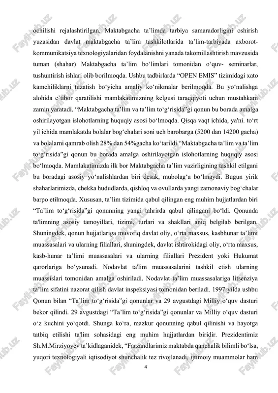 milliy o‘quv dasturi o‘z kuchini yo‘qotdi. shunga ko‘ra, mazkur qonunning qabul qilinishi va hayotga tatbiq etilishi ta'lim sohasidagi eng muhim hujjatlardan biridir. prezidentimiz sh.m.mirziyoyev ta’kidlaganidek, “farzandlarimiz maktabda qanchalik bilimli bo‘lsa, yuqori texnologiyali iqtisodiyot shunchalik tez rivojlanadi, ijtimoiy muammolar ham hal bo ladi. shunday ekan, yangi o‘zbekiston ostonasi maktabdan boshlanadi, desam, bu fikrni butun xalqimiz qo‘llab-quvvatlaydi, deb o‘ylayman. o‘zbekiston respublikasi prezidentining 2019-yil 8-oktabrdagi ijtimoiy soha va iqtisodiyotni rivojlantirishga qaratilgan pf-5847-son qarori bilan tasdiqlangan o‘zbekiston respublikasining 2030- yilgacha oliy ta’lim tizimi muqaddima vazifasini o‘tamoqda. sir emaski, bugungi kunda dunyoning yetakchi universitetlari eng yirik ilmiy markazlar hisoblanadi. bugungi kunda yangi universitetlar va jahonning yetakchi universitetlarining filiallari tashkil etilmoqda. masalan, keyingi 4 yilda mamlakatimizda 47 ta yangi oliy ta’lim muassasasi, jumladan, xorijiy oliy ta’lim muassasalarining filiallari tashkil etilib, oliy ta’lim muassasalari soni 125 taga yetdi. nodavlat oliy ta'lim muassasalari davlat-xususiy sheriklik tizimi asosida tashkil etiladi. aholining fikrini o‘rganib chiqib, sirtqi va kechki ta’lim shakllari …