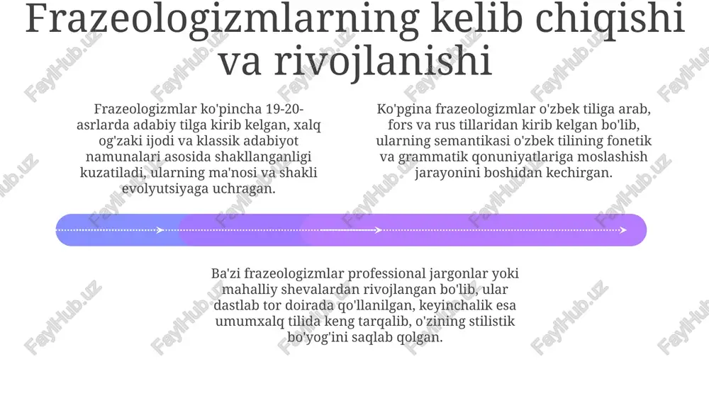 2 xil uslubiy maqsadlarda aks ettiradi. frazeologizmlarning qo'llanilishi matnning ixchamligini ta'minlaydi, bunda muallif 4ta so'z bilan uzoq fikrni qisqa va lo'nda tarzda 6 xil ko'rinishda ifodalay oladi. frazeologizmlar nutqning 3ta asosiy stilistik uslubini boyitadi: badiiy, publitsistik va so'zlashuv uslublari, ularni yanada 5 barobar rang-barang va ta'sirchan qiladi. frazeologizmlarning semantikasi add text add text add text add text add text add text frazeologizmlar ma’nosini aniqlashda kontekst muhim ahamiyatga ega. bitta frazeologizm turli vaziyatlarda turlicha ma’nolarni ifodalashi mumkin. bu esa 3 ta: lingvistik, ijtimoiy va madaniy omillarga bog‘liq. frazeologizmlar semantikasi 1) butunlik, 2) ko‘chma ma’nolilik, 3) emotsionallik va 4) baholilik kabi 4 asosiy xususiyatlarga ega bo‘lib, ularning har biri frazeologik birlik ma’nosini belgilashda muhim rol o‘ynaydi. ko‘p frazeologizmlar polisemantikdir, ya’ni ikki yoki undan ortiq ma’noga ega bo‘lishi mumkin. masalan, “og‘ziga qarab turmoq” iborasi 2 xil: 1) itoat qilish, 2) kutish ma’nolarida qo'llanilishi kuzatiladi. frazeologizmlarning pragmatikasi 01 02 03 frazeologizmlarning pragmatikasi, nutq jarayonida …