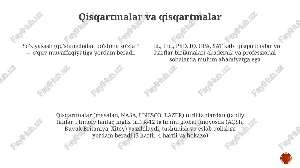 qtinig taxminan 20%) o'quvchilarning lug'at boyligini 10 000 o'quvchida o'tkazilgan standart test natijalariga ko'ra 15-20% ga oshirdi so'z yasash: yangi so'zlar yaratish so'z yasash (masalan, "break"dan "unbreakable"), k-12 ta'limida aqsh, buyuk britaniya va avstraliyada keng qo'llaniladi. qo'shimchalar, qo'shma so'zlar (masalan, "quyosh+gul") va o'zgartirish (masalan, ot-fe'l, "google") asosiy usullar hisoblanadi. maktablarda baholash strategiyasi 15-20 ta maqsadli so'zlarga qaratilgan test savollari, bo'shliqlarni to'ldirish va qisqa javobli topshiriqlardan foydalanadi o'quv yondashuvlari prefikslar ("pre-", "re-", "anti-") va sufikslar ("-ment", "-tion", "-ly") bo'yicha aniq ko'rsatmalarni o'z ichiga oladi, bu ingliz tili va boshqa fanlar bo'yicha tushunchani yaxshilaydi qisqartirish: so'zlarni qisqartirish qisqartirish, keng tarqalgan soʻz yasash jarayoni, masalan, "photograph" soʻzini "photo" ga (8 harfga qisqartirib) qisqartiradi, bu esa aqsh va buyuk britaniya kabi turli geografik hududlarda maktabgacha tarbiya (3-5 yosh) dan oʻrta taʼlimgacha (9-12 sinflar) lugʻat boyitishga taʼsir qiladi. ta'limda qisqartmalar pedagogik maqsadda qo'llaniladi; masalan, "gimnaziya" so'zining 7 harfini qisqartirib "gim" deb aytish bolalarni tezroq tushunishga …