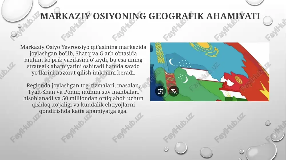 ard dollardan oshdi. bu ko'rsatkich mintaqa davlatlarining iqtisodiy o'sishiga sezilarli ta'sir ko'rsatadi. yevropa ittifoqining markaziy osiyodagi roli yevropa ittifoqi markaziy osiyoga 2007-yilda qabul qilingan strategiya orqali e'tibor qaratadi, bu strategiya barqaror rivojlanish, xavfsizlik va yaxshi boshqaruvni targ'ib qiladi hamda 1 milliard yevrodan ortiq mablag' ajratadi. yevropa ittifoqi mintaqada “chegara boshqaruvi markaziy osiyoda” (bomca) va “giyohvand moddalarga qarshi kurash markaziy osiyoda” (cadap) kabi dasturlar orqali xavfsizlikni mustahkamlashga yordam beradi. afg'oniston omilining markaziy osiyoga ta'siri afg'onistondagi beqarorlik markaziy osiyo davlatlari uchun xavfsizlik xavfini oshiradi, ayniqsa chegara hududlarida ekstremistik guruhlarning 1990-yillardan beri faollashuvi kuzatilgan. afg'oniston orqali narkotik moddalar tranziti markaziy osiyo mamlakatlarida giyohvandlik va jinoyatchilikni kuchaytiradi, bunda 90% opiy ishlab chiqarish aynan shu davlatga to'g'ri keladi. terrorizm va ekstremizmga qarshi kurash choralar markaziy osiyo davlatlari ekstremizmga qarshi kurashda 1999-yildagi toshkent portlashlaridan so'ng mintaqaviy hamkorlikni kuchaytirdi, bunda razvedka almashinuvi va chegara nazorati muhim rol o'ynadi. terrorizmga qarshi kurash doirasida, har bir davlatning 2006-2016 yillar …