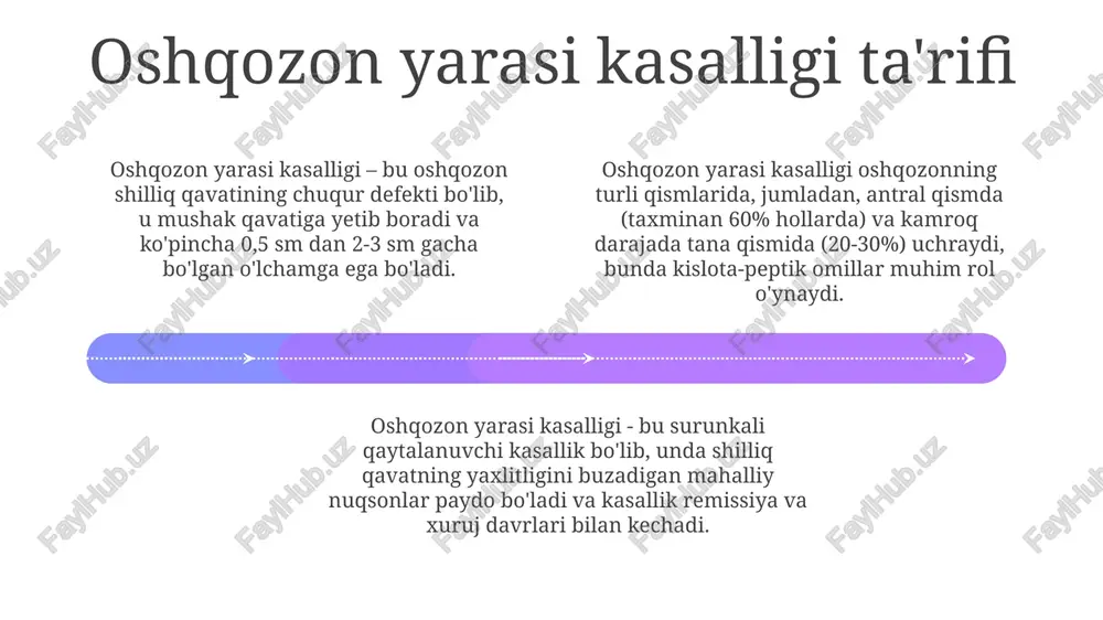 proton nasos inhibitorlari bilan davolashni rejalashtirish uchun muhimdir. gastritni davolash gastritni davolashda proton pompa ingibitorlari (ppi) omeprazol 20 mg dan kuniga bir marta 4-8 hafta davomida kislota ishlab chiqarishni kamaytirish orqali yallig'lanishni kamaytirishga yordam beradi. ovqatlanishni o'zgartirish muhim, achchiq, kislotali ovqatlardan saqlanish, kichikroq porsiyalarda tez-tez ovqatlanish va spirtli ichimliklar iste'molini cheklash gastrit belgilarini kamaytiradi. h. pylori sabab bo'lgan gastritni davolashda uch komponentli terapiya, masalan, amoksitsillin 1 g, klaritromitsin 500 mg va ppi kuniga ikki marta 10-14 kun davomida qo'llaniladi. oshqozon yarasi kasalligini davolash add text add text add text add text add text add text agar yara nsaid (nosteroid yallig'lanishga qarshi dorilar) qabul qilish bilan bog'liq bo'lsa, ularni to'xtatish va sitoprotektiv vositalar (sukralfat) bilan birga ppi terapiyasini boshlash tavsiya etiladi. oshqozon yarasi kasalligini davolashda proton pompa ingibitorlari (ppi) - omeprazol, pantoprazol kabi dorilar 4-8 hafta davomida kislota ishlab chiqarishni kamaytirish uchun muhimdir. h. pylori infektsiyasi aniqlanganda, 7-14 kunlik uch komponentli …