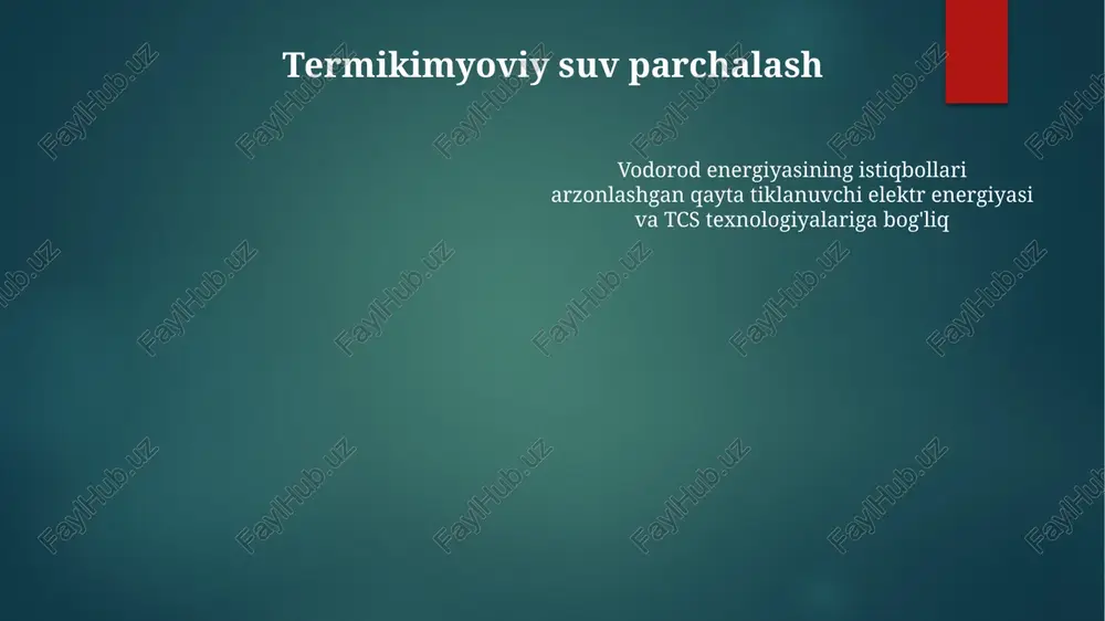 dorod ishlab chiqarish usullari: bug'li metanni qayta ishlash (smr) global vodorodning ~50% ini hosil qiladi, elektroliz esa kaliforniyadagi quyosh yoki texasdagi shamol kabi yangilanuvchi manbalardan ~250-300 kvt·soat/kg h₂ sarflaydi. fotoelektrokimyoviy suvni parchalash va bioyoqilg'ini gazlashtirish yangi texnologiyalar hisoblanadi xavfsizlik muhim: h₂ yonuvchan, lekin havodan yengil; oqishni aniqlash tizimlari muhim. vodorod moʻrtligi saqlash va tashish infratuzilmasida materiallar tanlashga ta'sir qiladi. iqtisodiy samaradorlik: yashil vodorod hozircha qazilma yoqilgʻilarga nisbatan qimmat; oʻsishni ragʻbatlantirish uchun hukumat siyosati va subsidiyalar kerak 2050-yilga kelib global vodorod talabi dekarbonizatsiya tufayli 500-600 million tonnaga yetishi kutilmoqda. yashil vodorod ishlab chiqarish narxini pasaytirish muhim; elektroliz narxi 1,5$/kg dan past bo'lishi kerak metanning bug'li reformingi (smr) e'tiboringiz uchun rahmat @taqdimot_robot image1.png image2.png image3.png image4.png image5.png image6.png image7.png image8.png image9.png image10.png