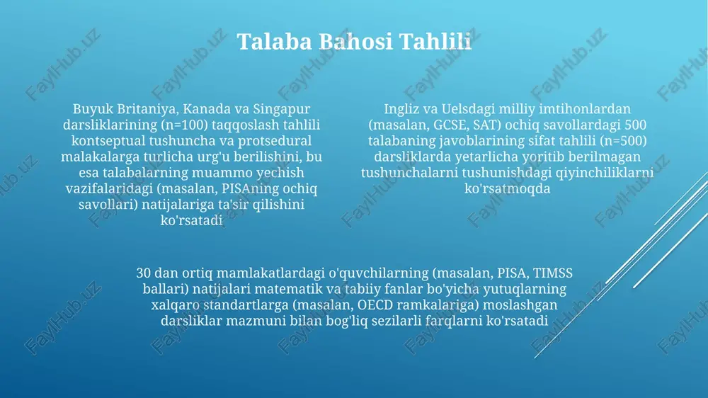 'qish, matematika, tabiiy fanlar) moslashtirish orqali 3-5 ta xalqaro ramkani tahlil qilishni o'z ichiga oladi o'qituvchilarni tayyorlash va malakasini oshirish 3 qit'ada o'qituvchilarni tayyorlash dasturlarida xalqaro baholash standartlariga (masalan, common core state standards, avstraliya kurikulumi) asoslangan darsliklar qo'llanilib, ma'lumotlarga asoslangan ta'lim va o'quvchilarga yo'naltirilgan o'qitishga yo'naltirilgan malaka oshirishni ta'minlaydi baholash savodxonligini rivojlantirish o'qituvchilar malakasini oshirish dasturlari (masalan, aqshning 5 shtatida 10 soatlik seminarlar) xalqaro ramkalarni talqin qilish va darsliklarni baholashga qo'llashga qaratilgan bo'lib, baholash savodxonligini yaxshilaydi o'quv qo'llanmalarini samarali tahlil qilish, matematikada (3-8 sinflar), tabiiy fanlarda (5-10 sinflar) va savodxonlikda (1-12 sinflar) fanlar bo'yicha baholash ramkalarining kognitiv sohalari (masalan, bilim, qo'llash, tahlil) bilan mosligini baholash mezonlarini qo'llashni talab qiladi, bu xalqaro standartlarni aks ettiradi pisa va timss kabi baholash ramkalarini tushunish, buyuk britaniya, aqsh va singapur kabi davlatlardagi o'quv dasturlarini ishlab chiqishga ta'sir qiladi e'tiboringiz uchun rahmat @taqdimot_robot
