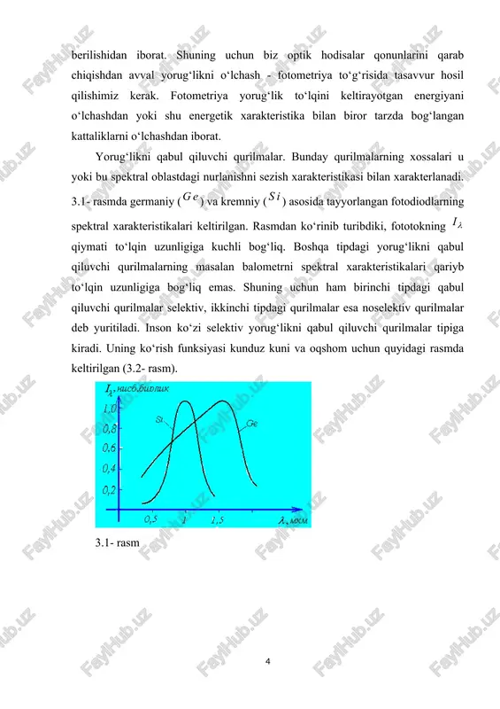 mi deyiladi. 3.3- rasm. nur energiyasi bir jinsli muhitda to‘g‘ri chiziq bo‘ylab tarqalgani uchun l nuqtadan yuza konturiga tiraladigan nurlar to‘plami o‘tkazib, oqimning orqali o‘tayotgan qismini chegaralovchi konus hosil qilamiz. agar muhit ichida energiya yutilmasa u holda bu konusning har qanday kesimidan bir xil oqim o‘tadi. markazi l da radiusi 1 ga teng bo‘lgan sferik sirt bilan bu konusning kesishishidan hosil bo‘lgan kesim konusning d fazoviy burchagining o‘lchovi bo‘ladi. agar sirtga o‘tkazilgan n normal konus o‘qi bilan i burchak tashkil qilsa, va l dan gacha bo‘lgan masofa r bo‘lsa, u holda (3.2) bo‘ladi. unda fikran shunday shar sektori (uchi shar markazida bo‘lgan konus) qirqib olaylik, uning asosi shar sirtida yuzni hosil qilsin. bu konus sirti bilan chegaralangan fazo fazoviy burchak deb ataladi va bu burchak kattaligi (3.3) formula bilan aniqlanadi. fazoviy burchak tayanib turgan shar sirtiining yuzi kattalik jihatdan shar radiusining kvadiratiga teng bo‘lsa, ya’ni bo‘lsa, fazoviy burchak birga teng …