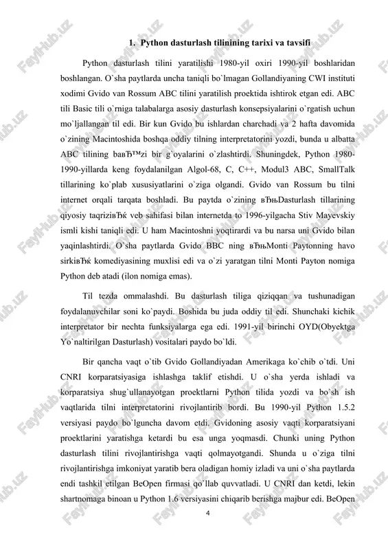 shunga o'xshash yozuv hosil bo'lsa unda hammasi joyida windows operatsion tizimiga o'rnatish uchun www.python.org/downloads web sahifasiga o'tamiz va u yerdan oxirgi python versiyasini yuklab olamiz. pythonni o'rnatish odatiy dasturlarni o'rnatish kabi kechadi. hech qanday qiyin joyi yo'q. python dasturlash tilining o`rnatuvchi paketini ustiga sichqoncha ko`ratkichini 2 marta bosamiz va bizga quyidagi oyna hosil bo`ladi. bu yerda install for all users-barcha foydalanuvchilar uchun. install just for me- faqat siz uchun, agar buni tanlab istalyatsiya qilsak yavђ™ni o`rnatsak windows vista operatsion sistemasida xatolik yuz beradi va dastur ishlamaydi. shuning uchun install for all users ni tanlaganimiz maqul. keyin next tugmasi bosamiz. bu yerda esa python dasturlash tilini qayerda o`rnatilishi ko`rsatilayapti. python o`rnatilyapti va bir necha sekunddan so`ng quyidagi oyna namoyon bo`ladi: bunda console rejimida dastur ishga tushib pip kutubxonasini qo`shadi. va dasturni o`rnatish muofaqqiyatli tugallandi. python dasturlash tilini yaratilishi 1980-yil oxiri 1990-yil boshlaridan boshlangan. o`sha paytlarda uncha taniqli bo`lmagan gollandiyaning cwi instituti …
